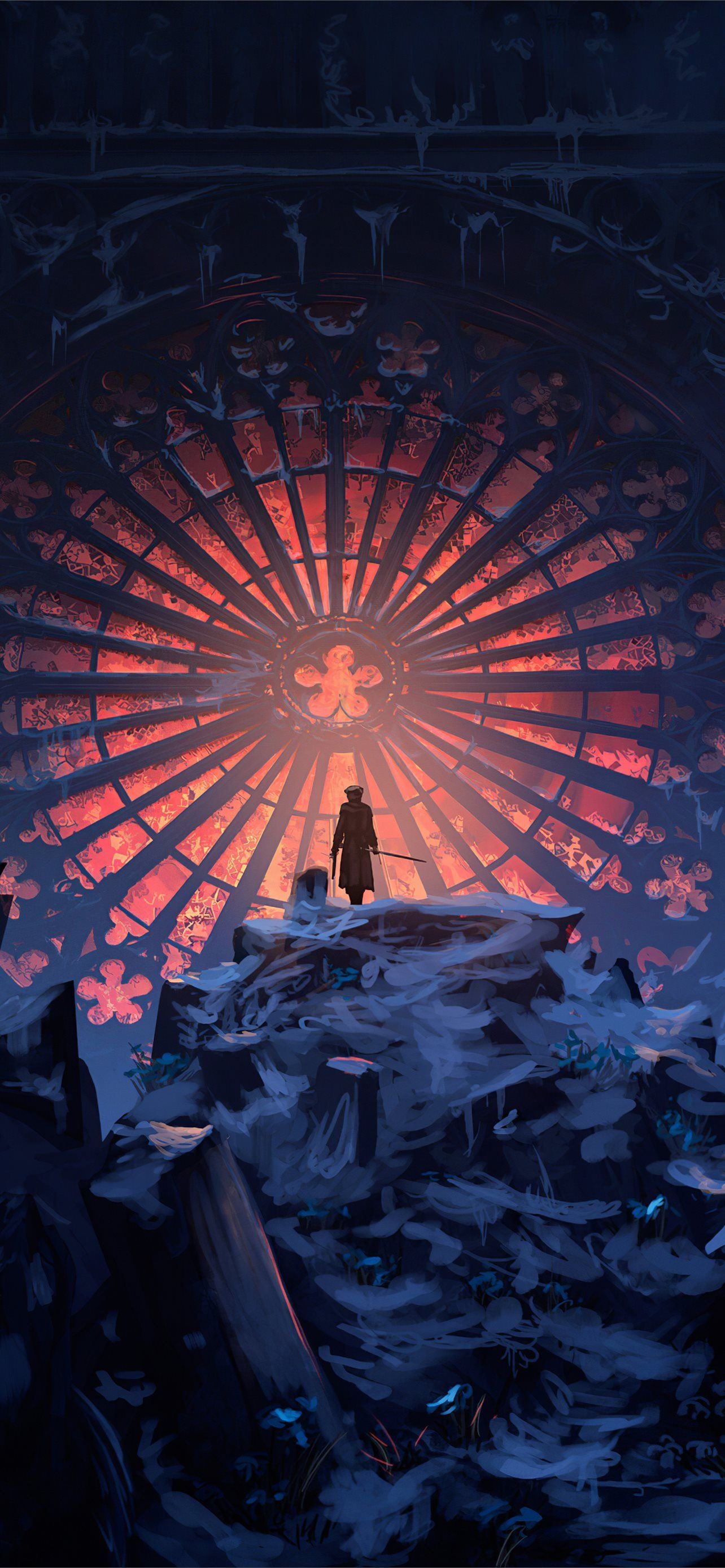 Astral Clocktower, Bloodborne Hunter, glowing rose window, HD Phone wallpaper