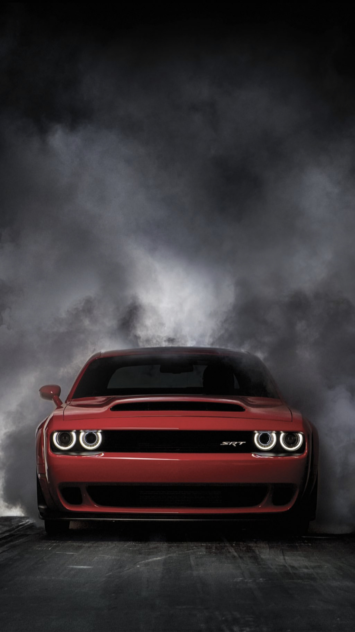Dodge Challenger SRT Demon, burnout tire smoke, illuminated halo headlights, HD Phone wallpaper