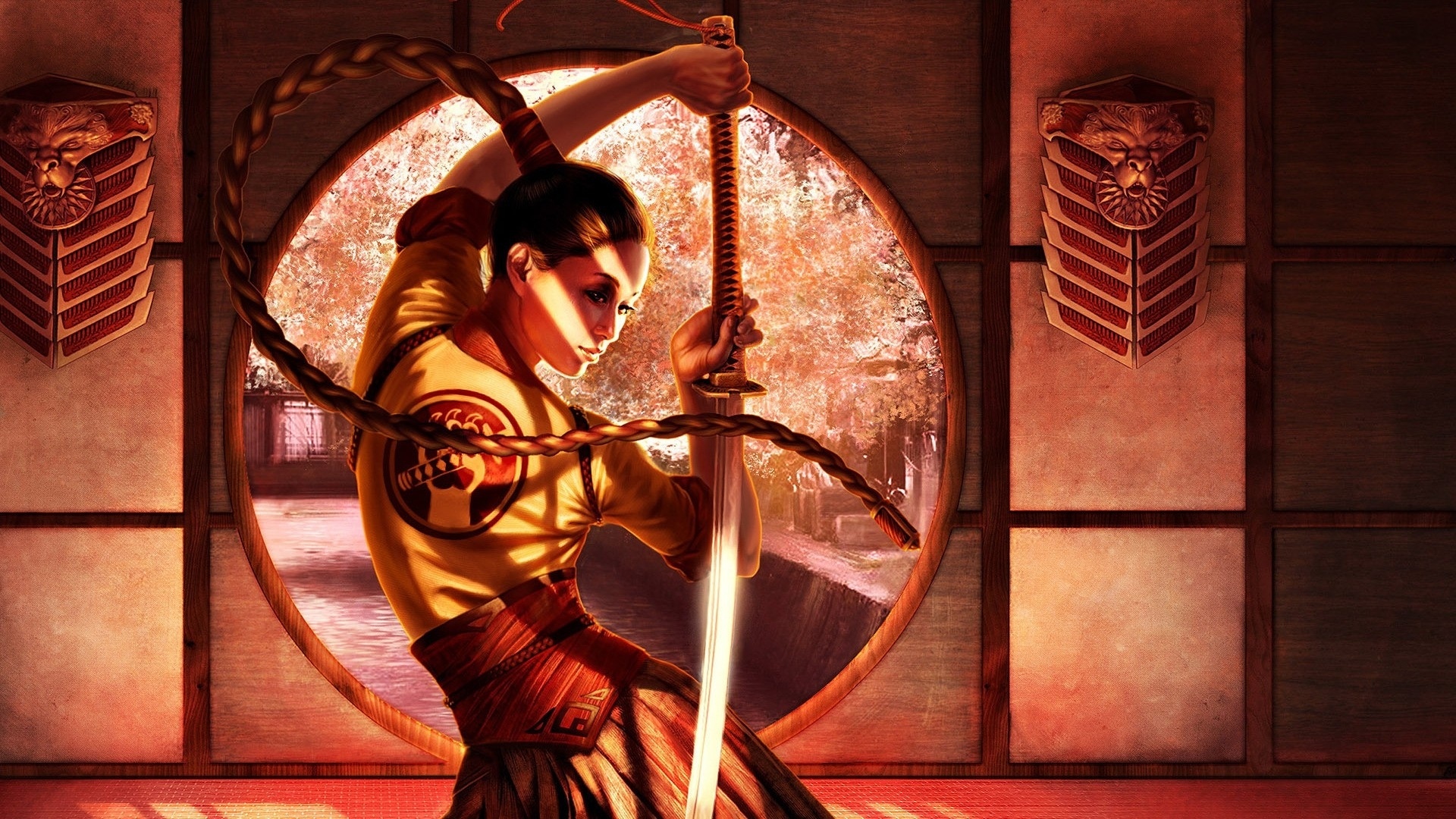 Onna-musha wielding katana, Long braided ponytail, Circular shoji room window, Full HD Desktop wallpaper