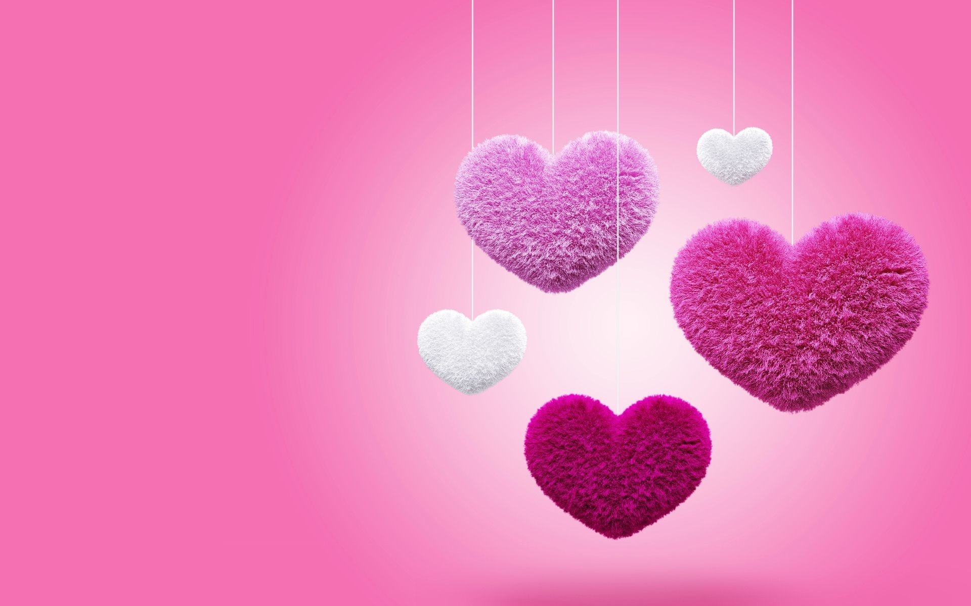 hanging fluffy pink hearts, small white fuzzy hearts, suspended plush heart ornaments, HD Desktop wallpaper