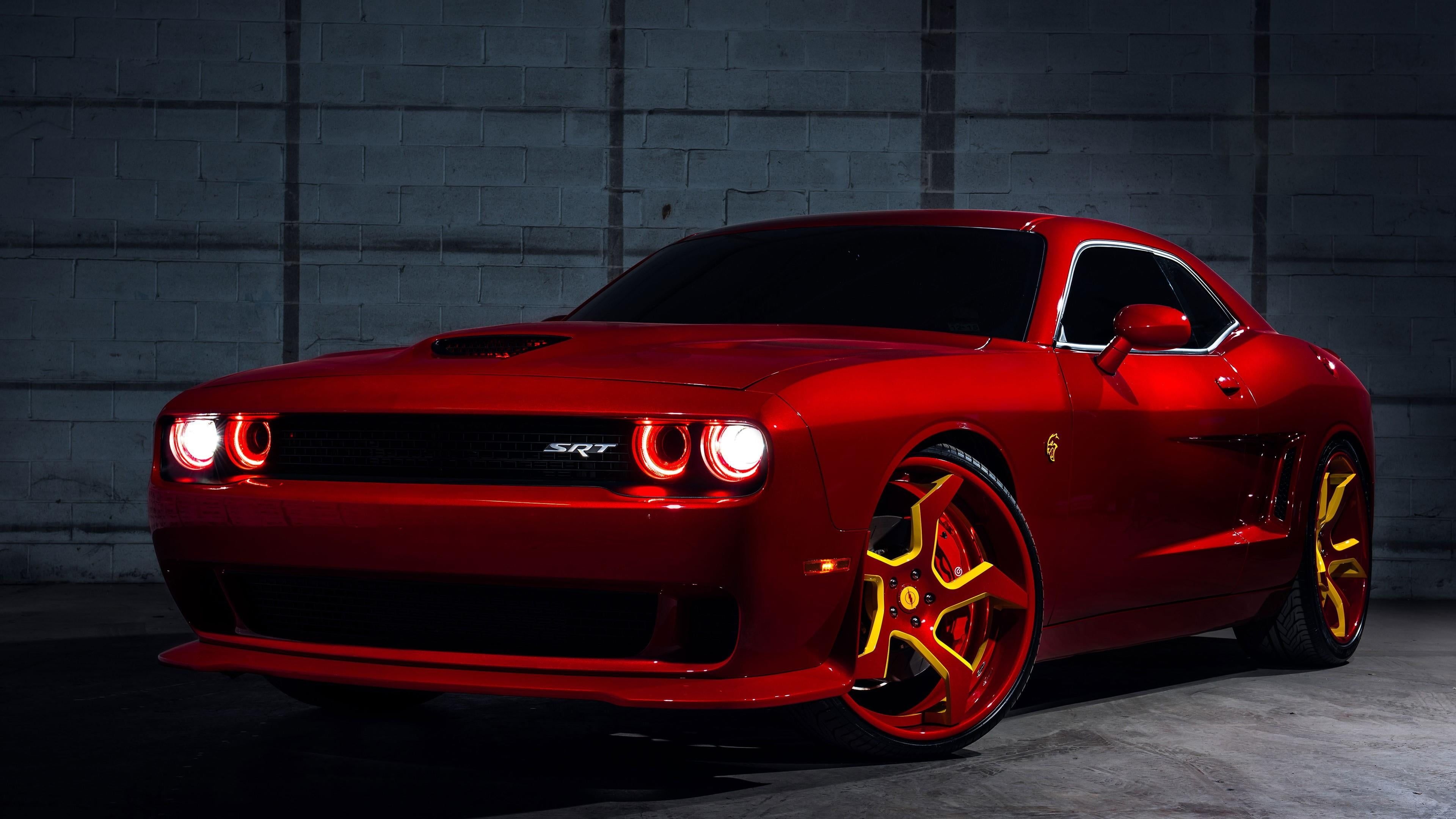 Dodge Challenger SRT Hellcat, red and gold rims, concrete block wall, 4K Desktop wallpaper