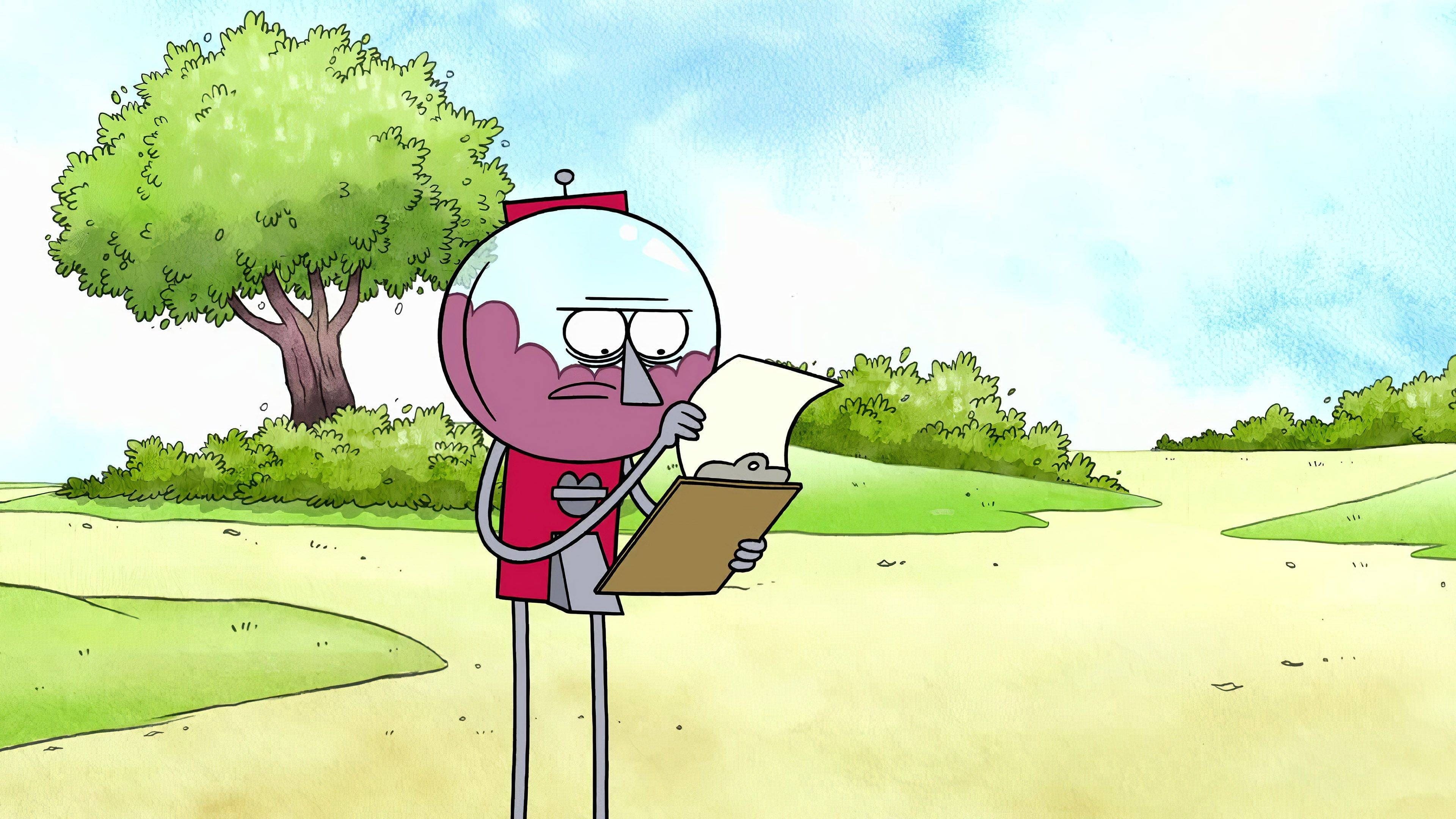 Benson reading a clipboard, Park lawn with trees, Regular Show, 4K Desktop wallpaper