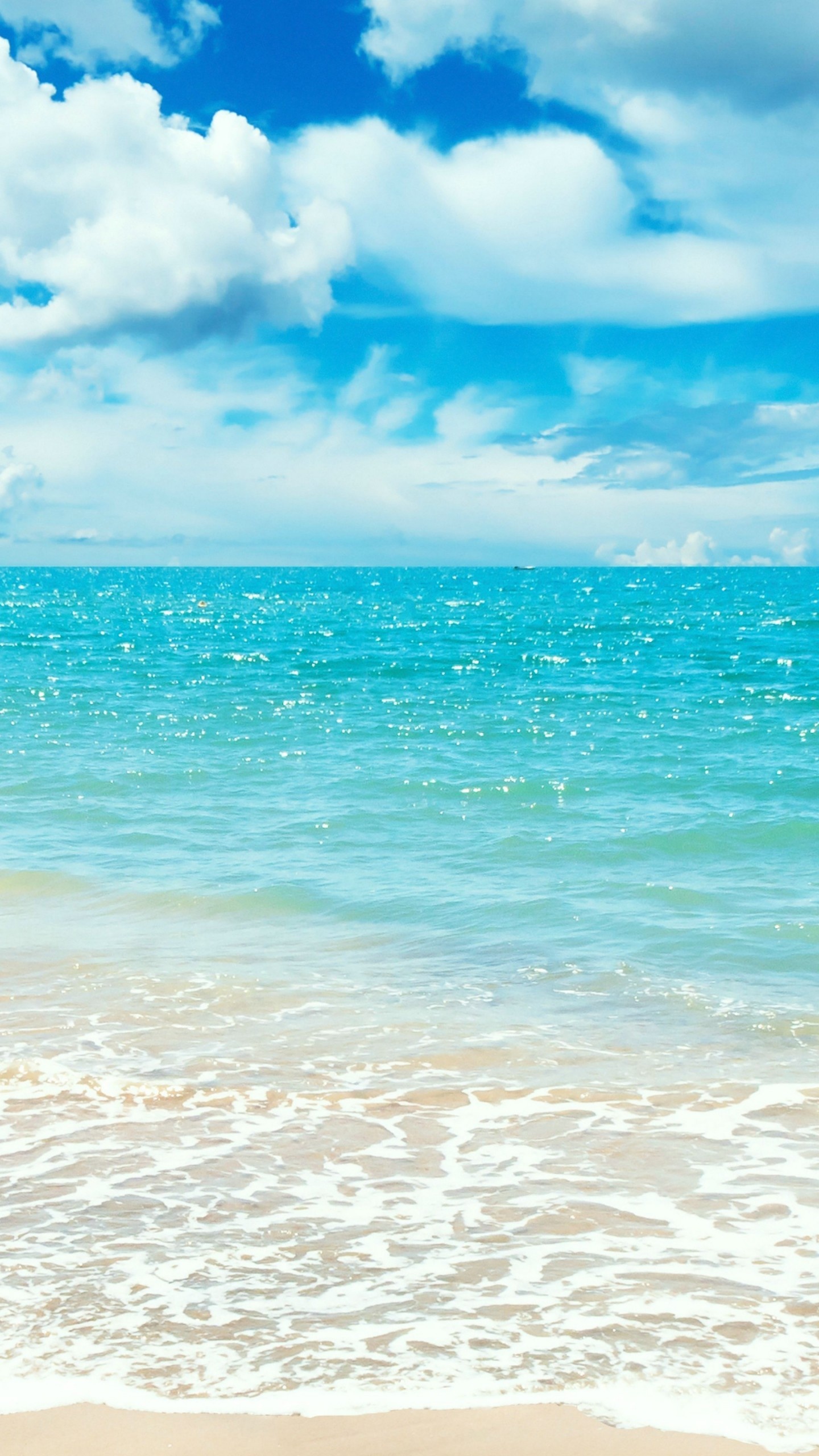turquoise ocean water, foamy shoreline waves, cumulus clouds blue sky, HD Phone wallpaper
