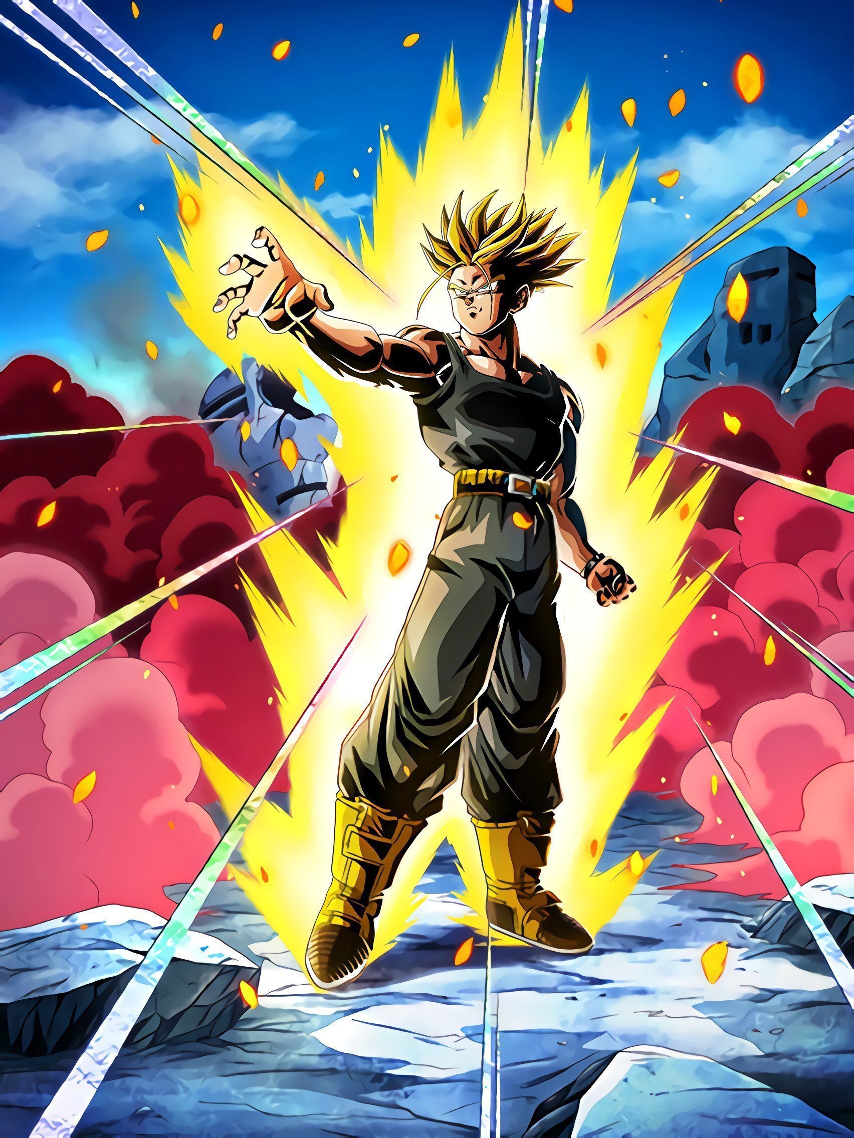 Super Saiyan Future Trunks, Golden ki energy aura, Rocky wasteland battlefield, HD Phone wallpaper
