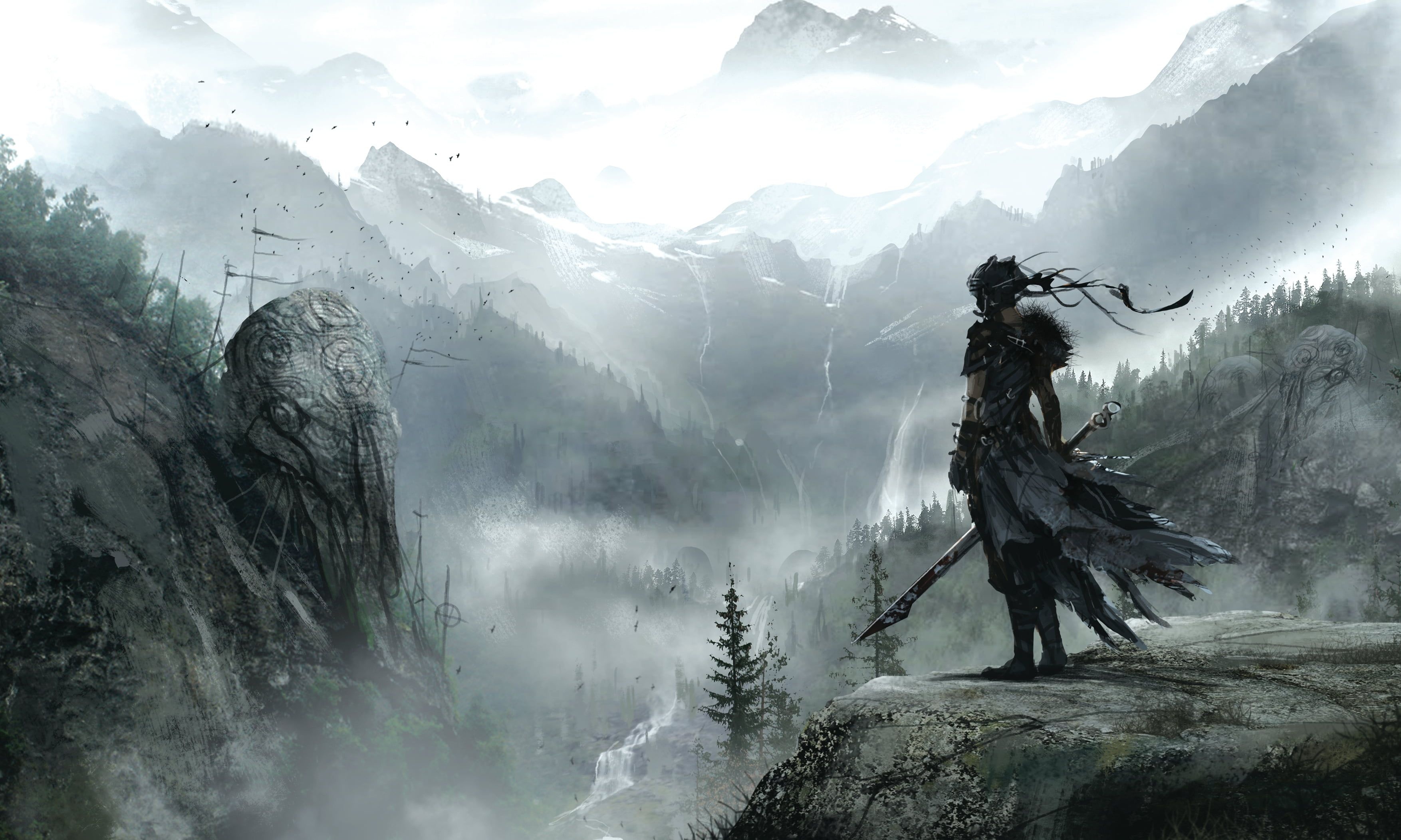 Masked ninja with katana, Misty mountain valley, Carved stone monolith, HD Desktop wallpaper