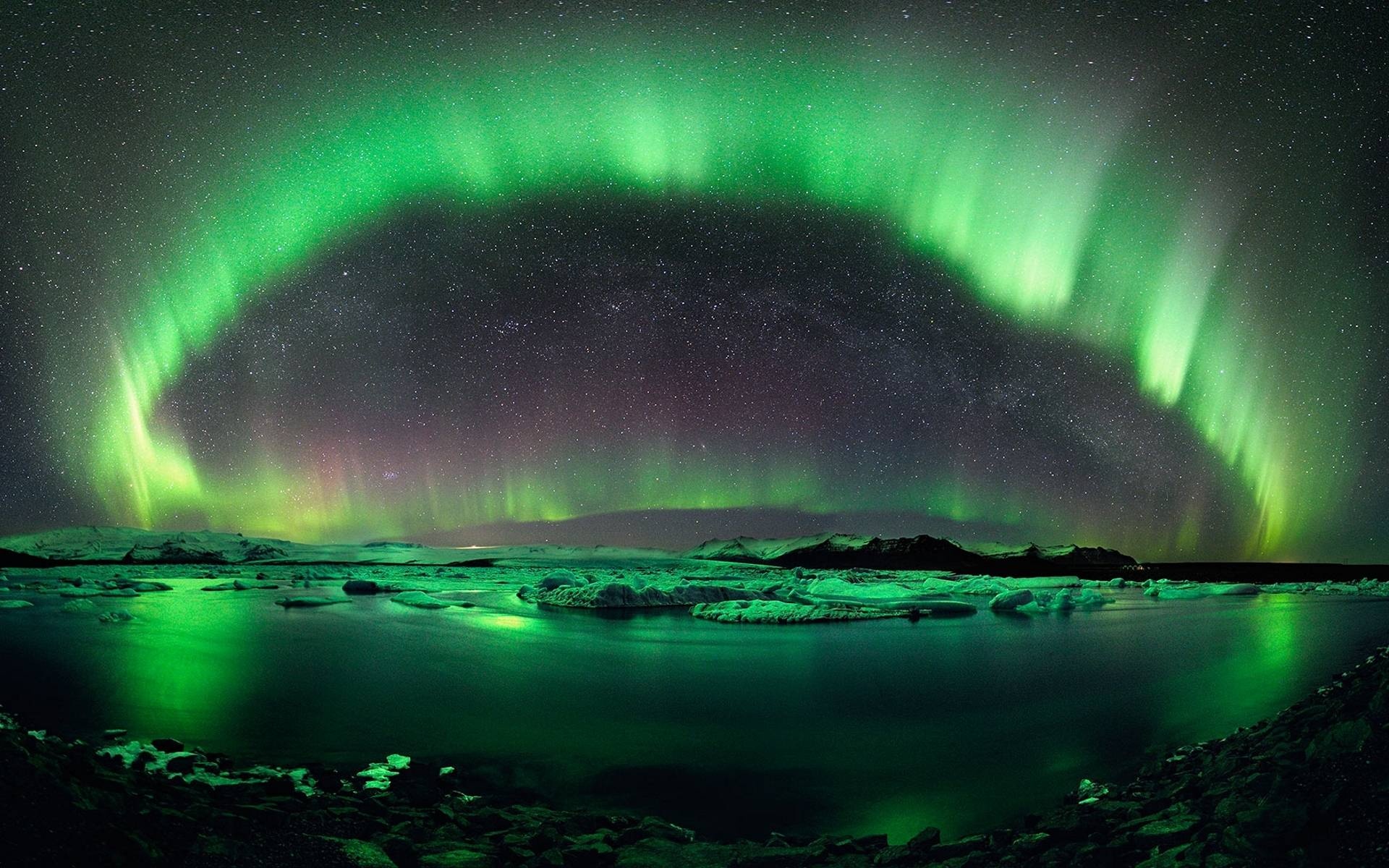 Jökulsárlón glacier lagoon, Aurora borealis arch, Milky Way night sky, HD Desktop wallpaper