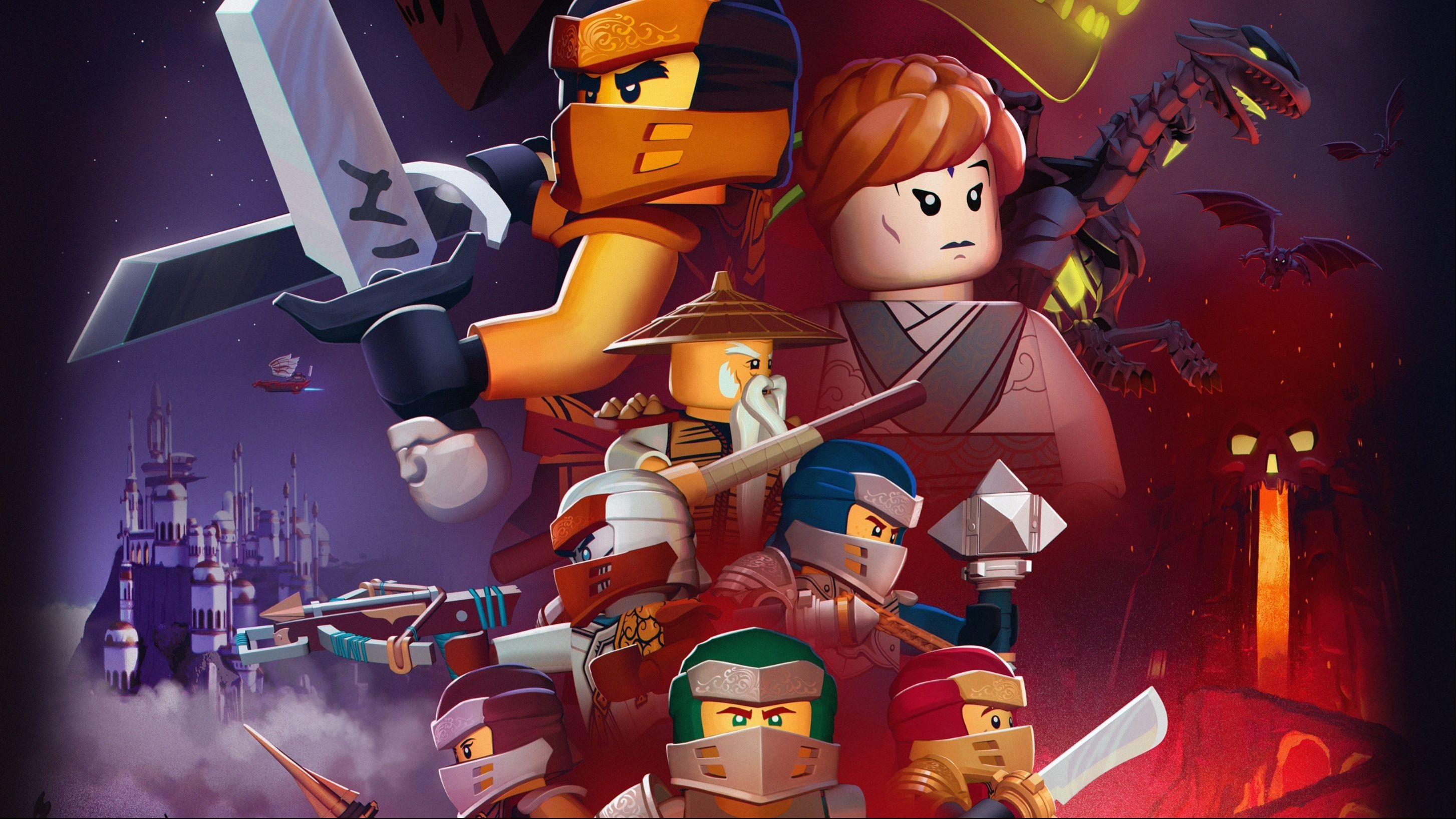 Master Wu with straw hat, Orange-masked ninja with broadsword, Auburn-haired woman in robes, Black dragon over lava, Ninjago ninja team, HD Desktop wallpaper