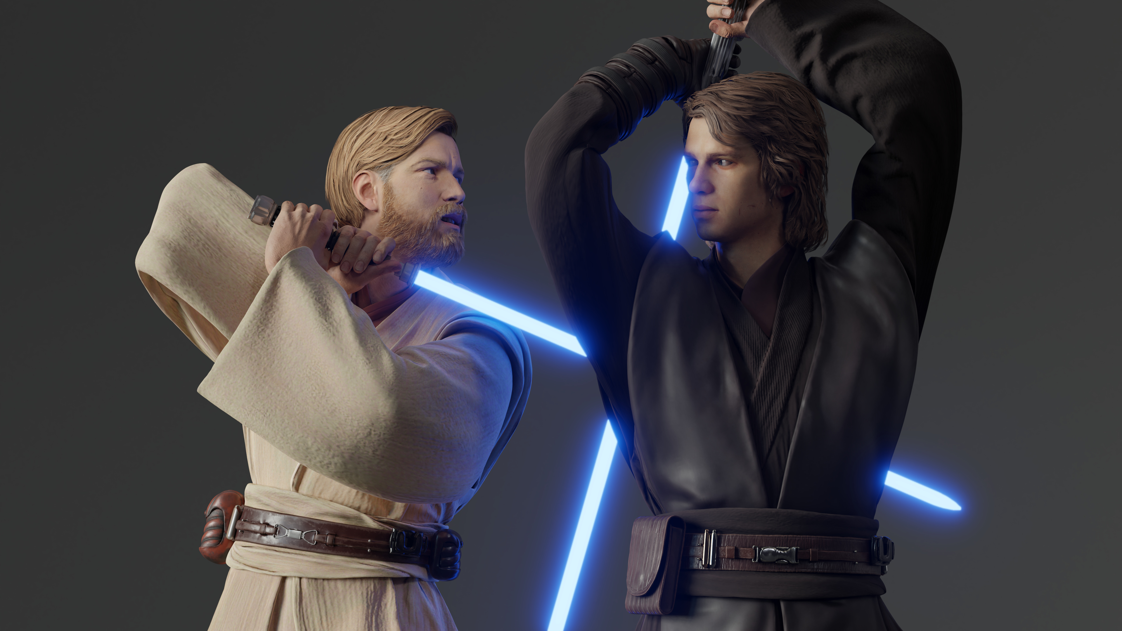 Anakin Skywalker, Obi-Wan Kenobi, Star Wars Battlefront II, Glowing blue lightsabers, 4K Desktop wallpaper