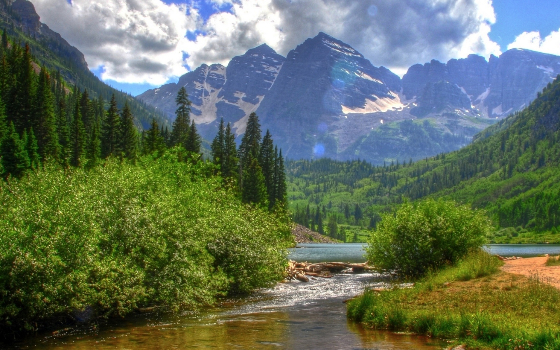 Maroon Bells Colorado, Maroon Lake outlet stream, summer alpine forest, HD Desktop wallpaper