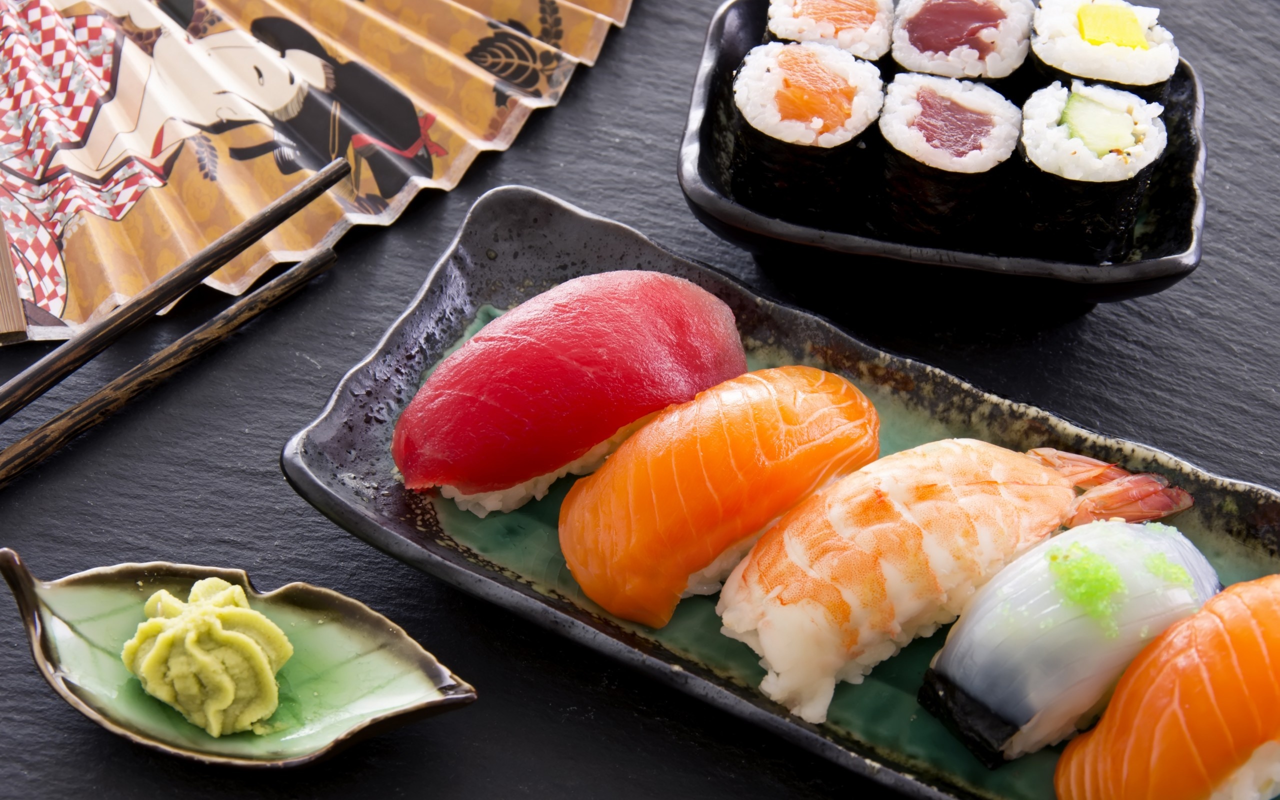 Fresh sushi rolls, Japanese cuisine, Seafood delicacy, Food art, 2560x1600 HD Desktop