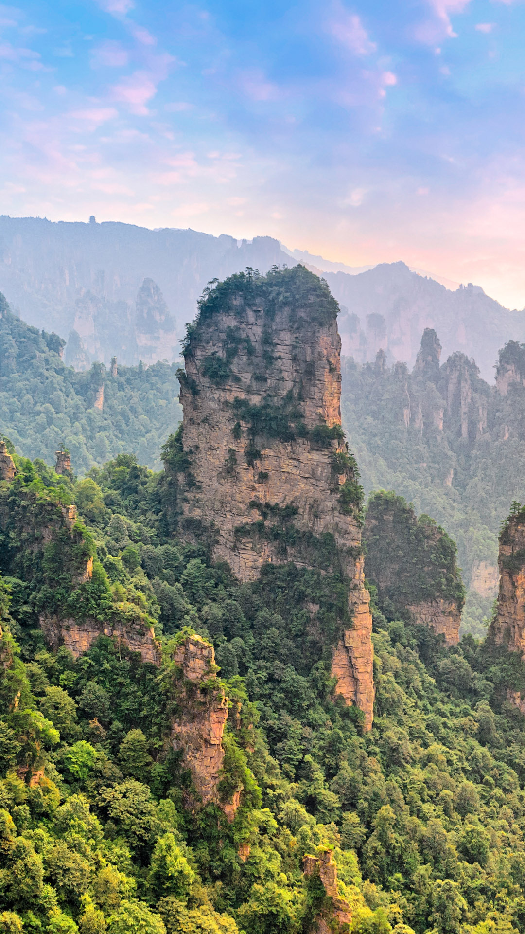 Cliffs and mountains, Valley at sunrise, Tianzi mountain, Zhangjiajie forest park, 1080x1920 Full HD Phone