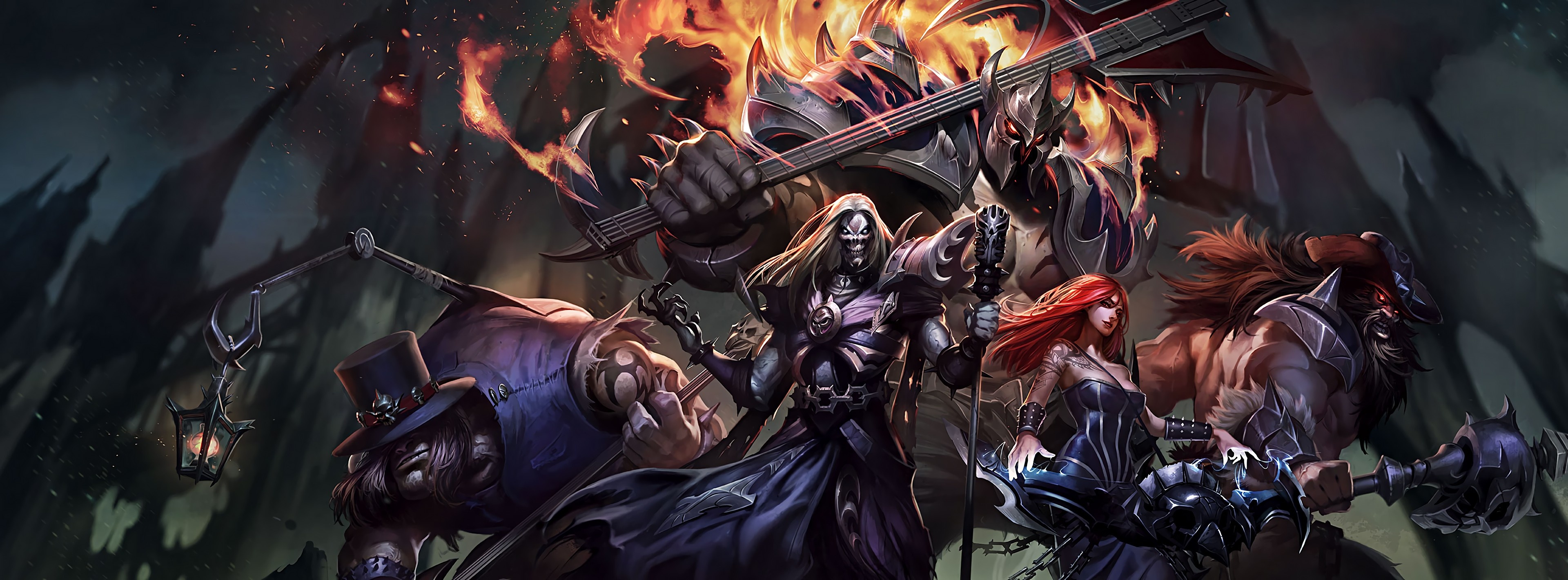 Karthus, League of Legends, Pentakill band, Yorick, Olaf, 3840x1430 Dual Screen Desktop