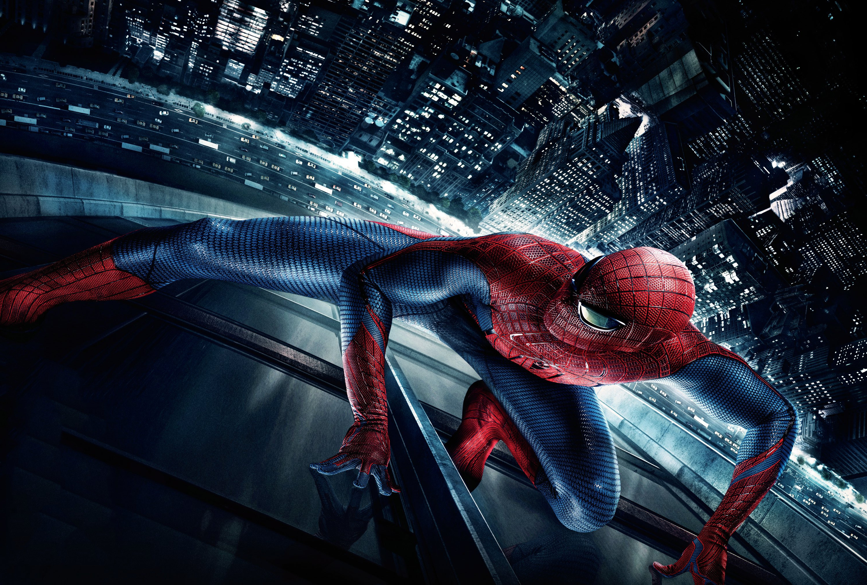 The Amazing Spider-Man, glass skyscraper ledge, nighttime city skyline, HD Desktop wallpaper