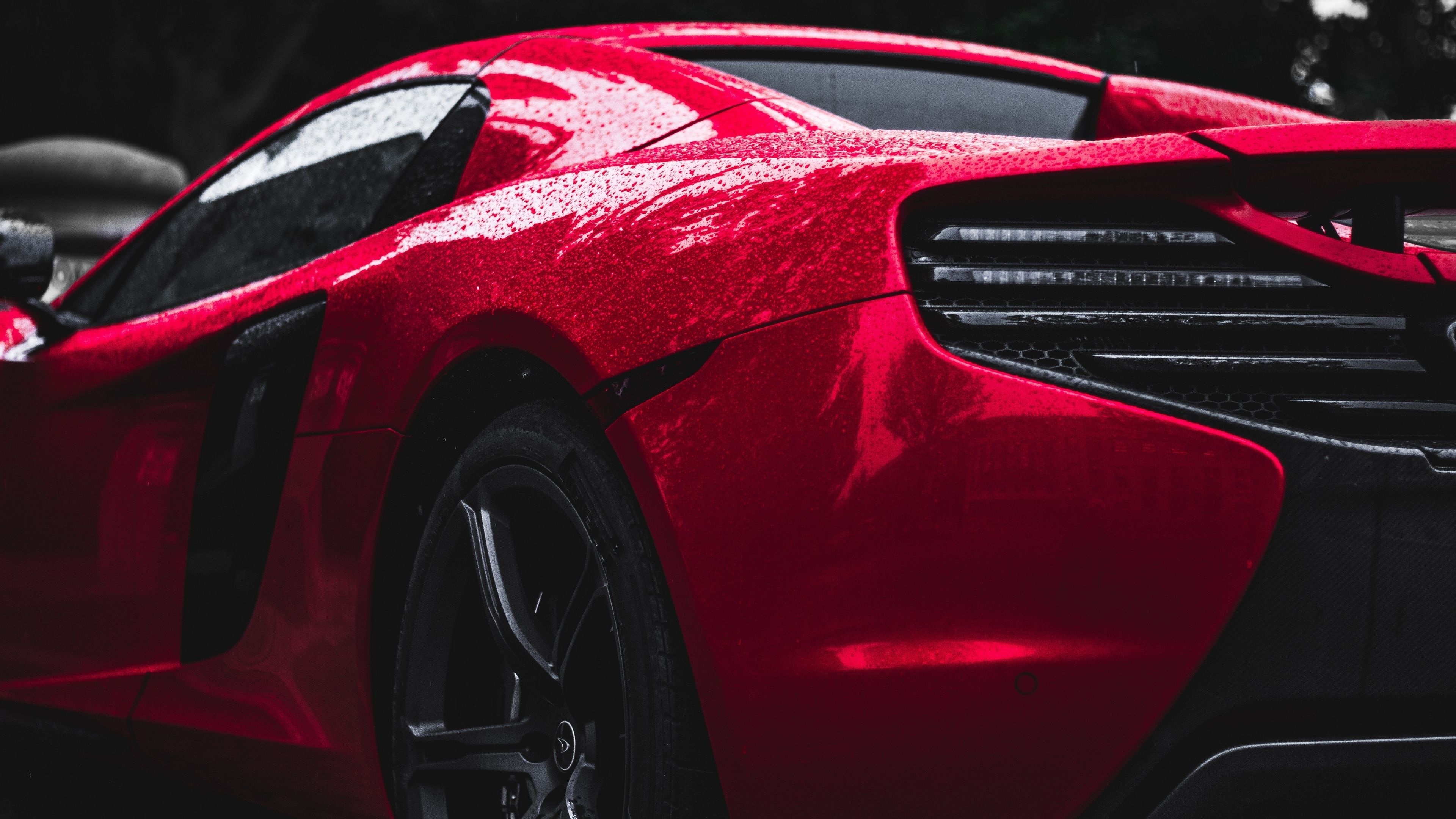 McLaren MP4-12C, raindrops on red car, rear quarter view, 4K Desktop wallpaper