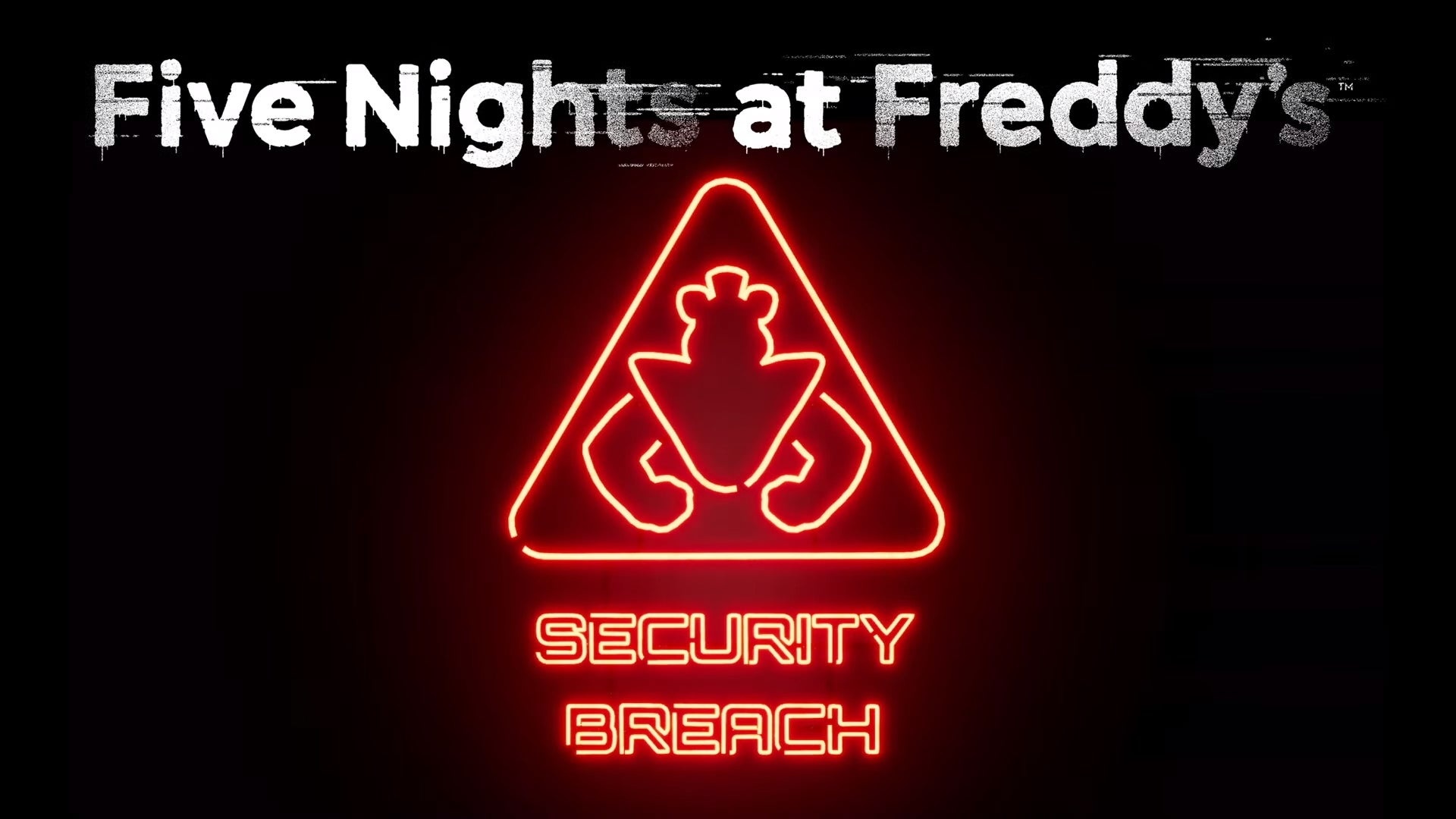 Five Nights at Freddy's: Security Breach logo, Glamrock Freddy neon sign, Glowing red warning icon, Full HD Desktop wallpaper