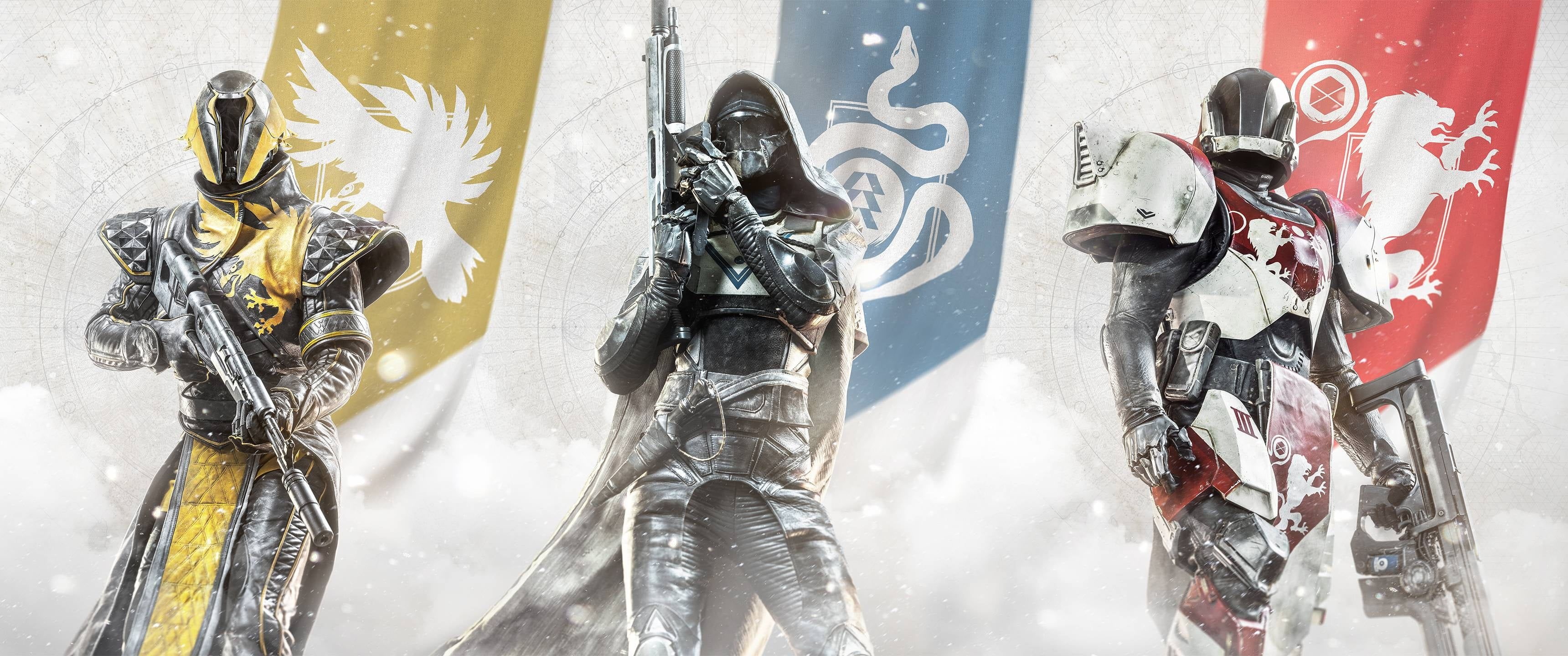 Hunter class, Destiny 2, Characters with weapons, HD game wallpapers, 3440x1440 Dual Screen Desktop
