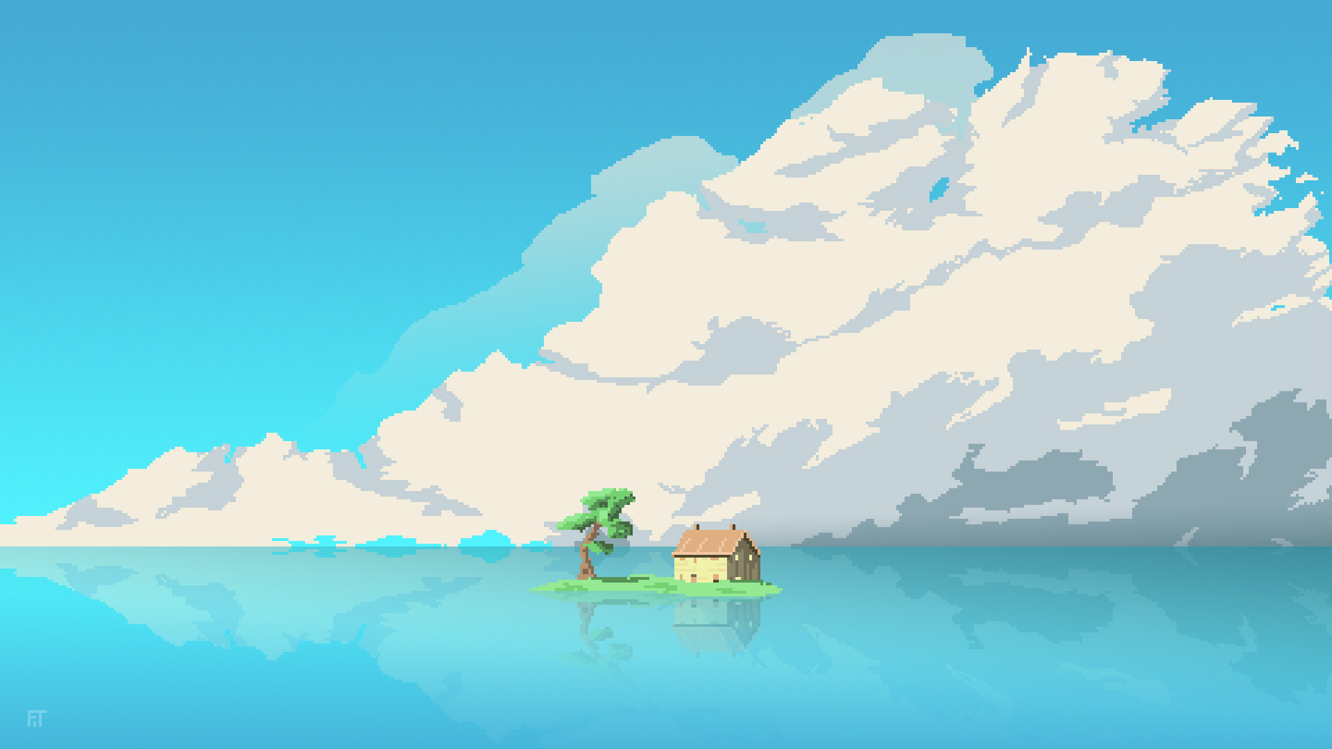 isolated island house, giant pixel cumulus clouds, calm reflective ocean, Full HD Desktop wallpaper