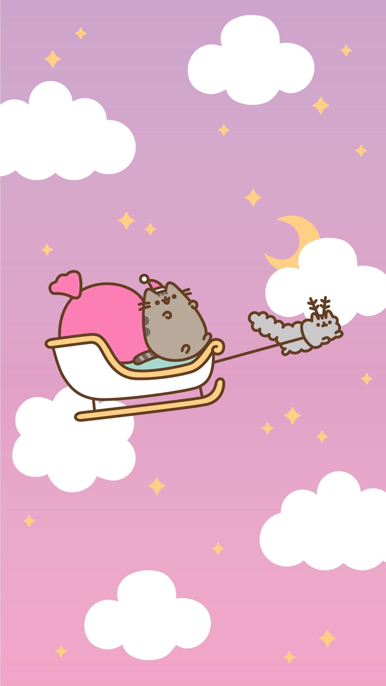 Pusheen in Santa sleigh, Stormy with reindeer antlers, Pink starry pastel sky, HD Phone wallpaper