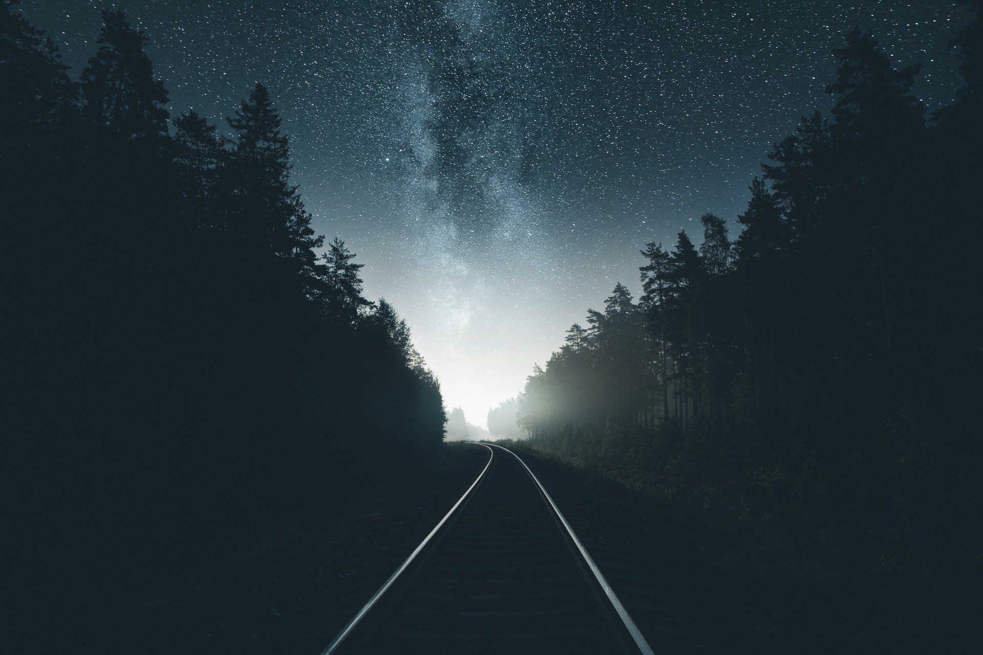 Milky Way galaxy, curving railway tracks, coniferous forest silhouette, HD Desktop wallpaper