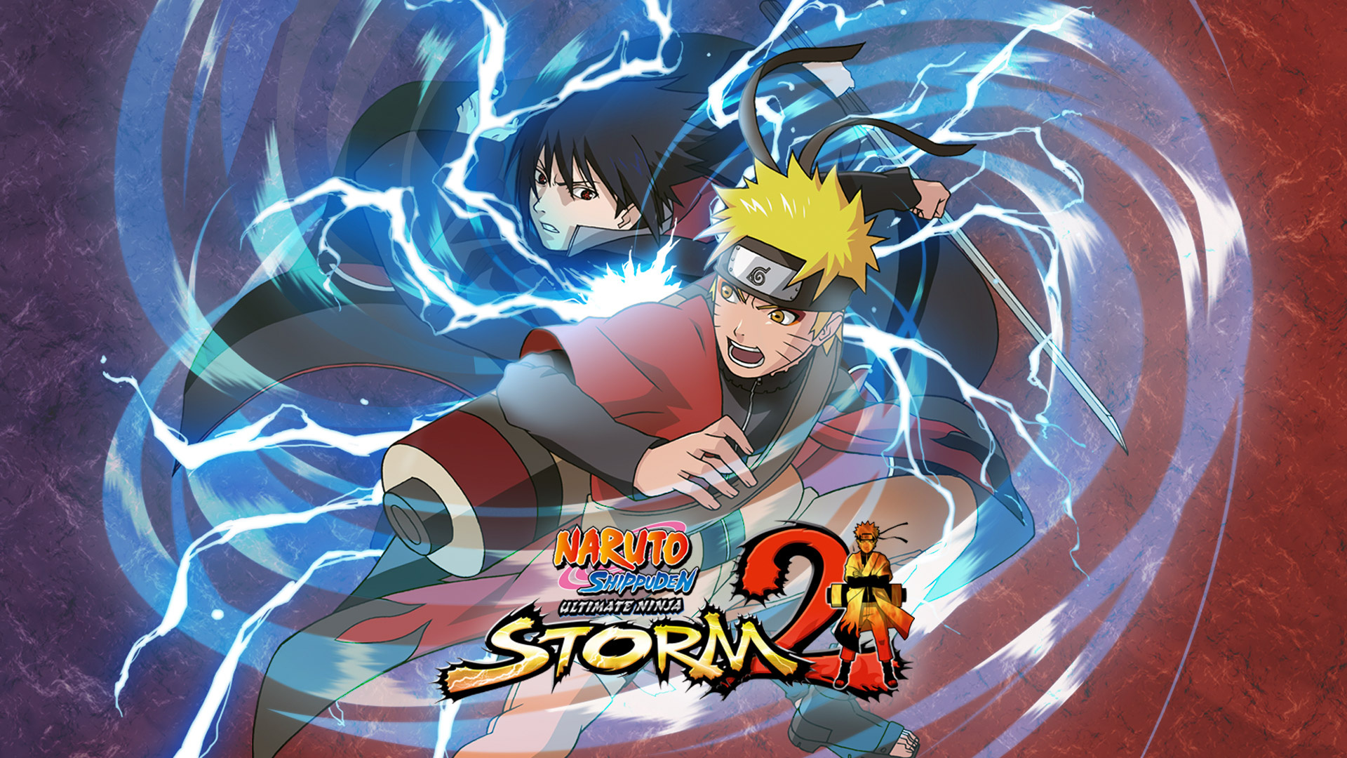 Sage Mode Naruto Uzumaki, Sasuke Uchiha, Naruto Shippuden: Ultimate Ninja Storm 2 logo, Swirling lightning aura, Full HD Desktop wallpaper