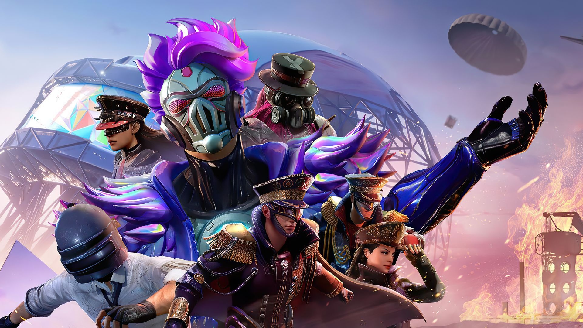 PUBG Mobile Lone Survivor, iridescent cyborg character, ceremonial military uniform, airdrop parachute, Full HD Desktop wallpaper