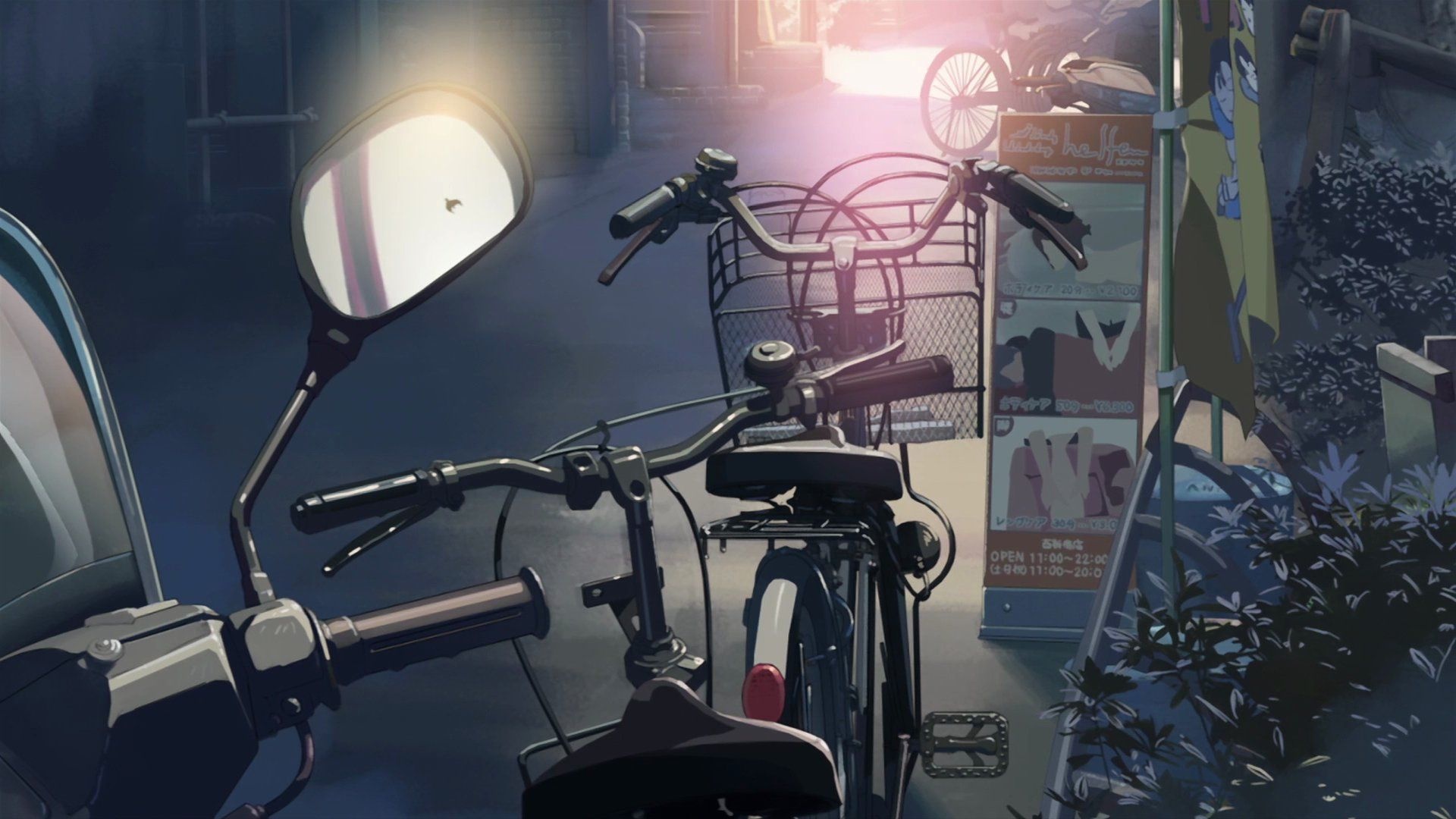 5 Centimeters per Second, Parked commuter bicycle, Motorcycle side mirror, Full HD Desktop wallpaper