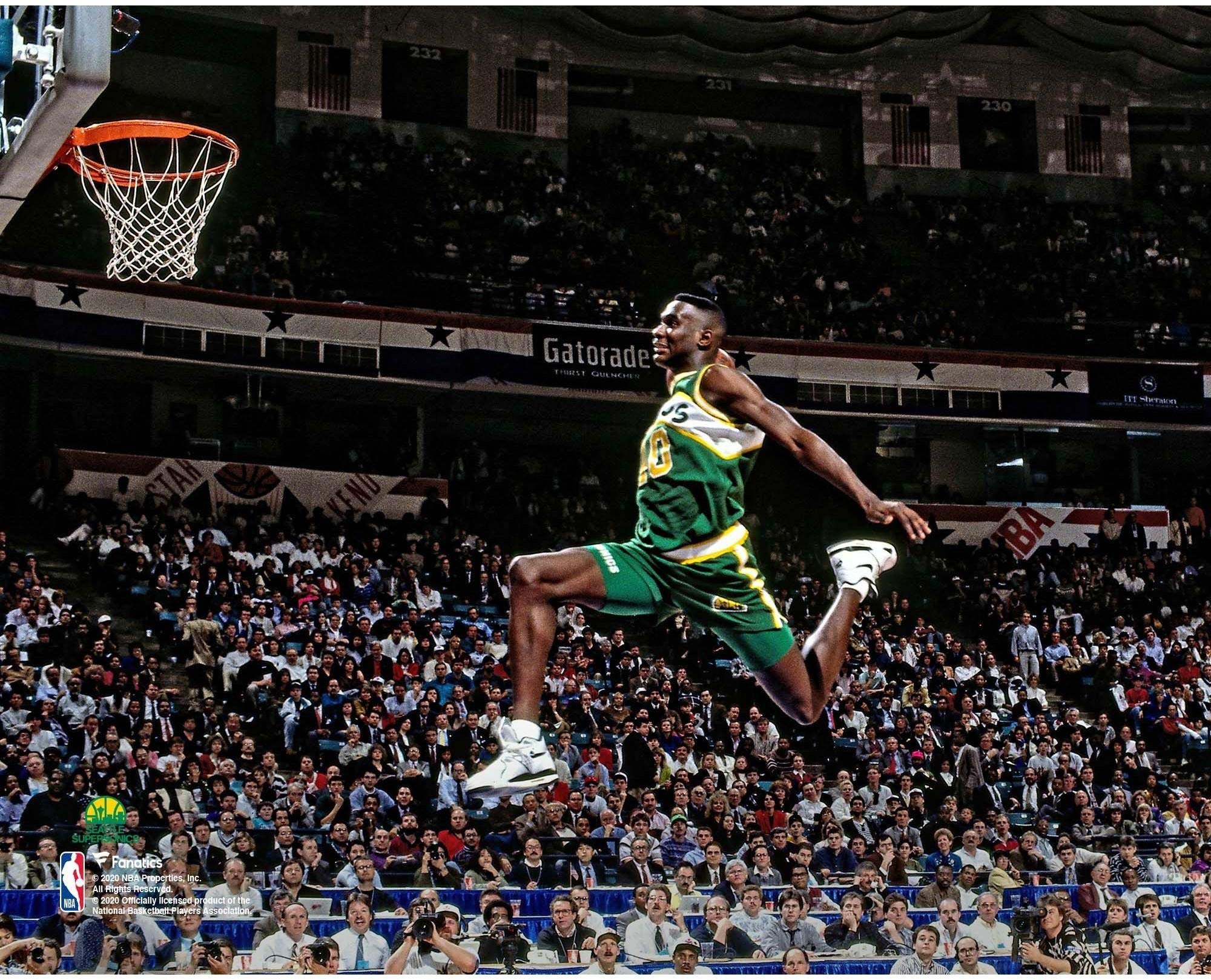 Shawn Kemp, Seattle SuperSonics uniform, Basketball hoop and backboard, HD Desktop wallpaper