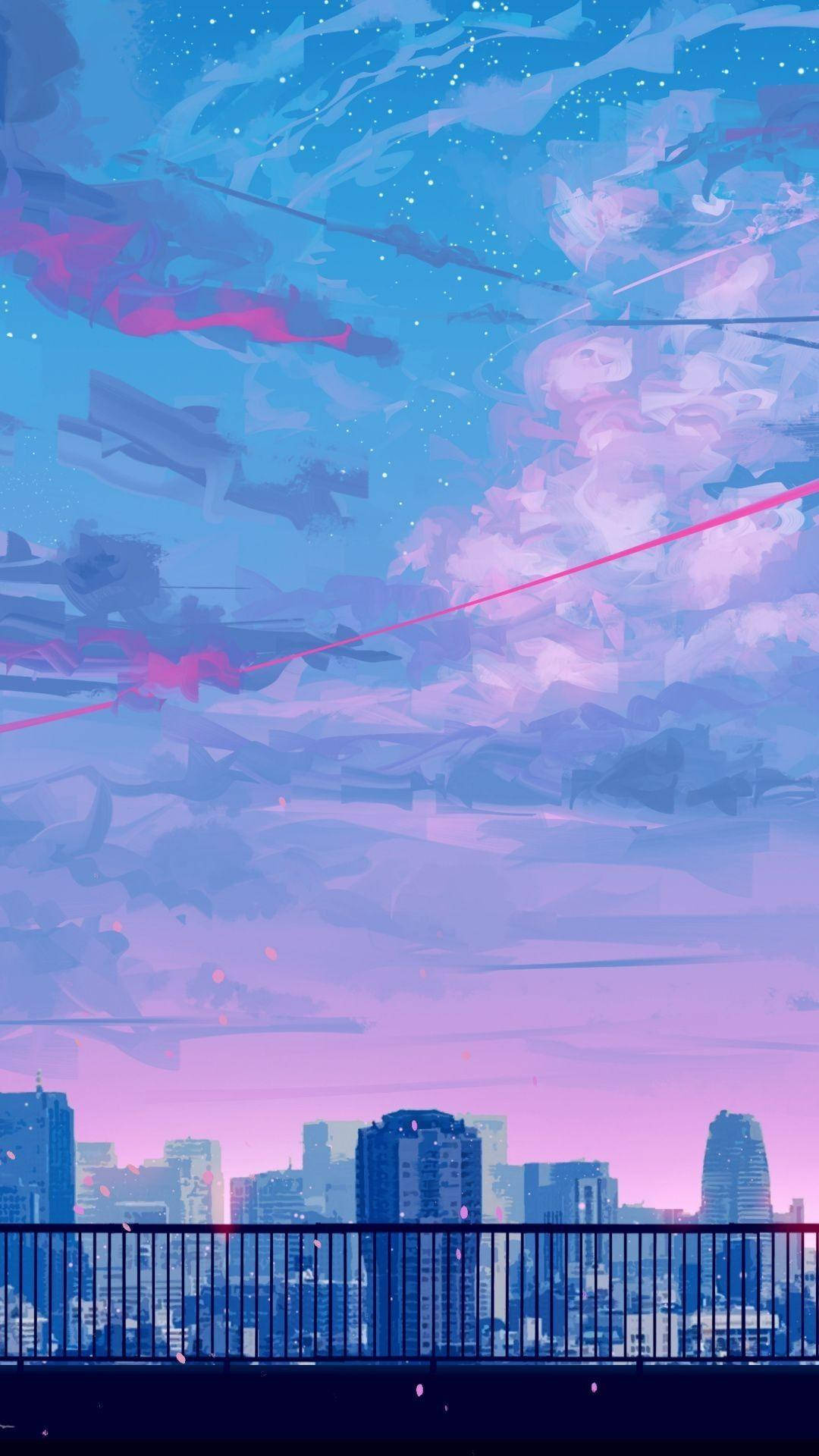anime cityscape skyline, pastel painted clouds, metal balcony railing, Full HD Phone wallpaper