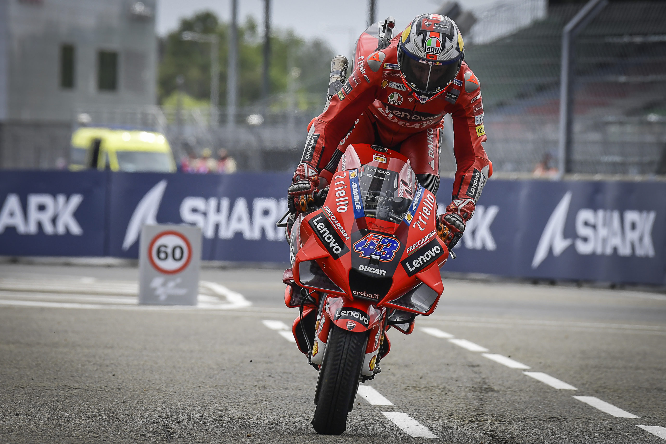 Jack Miller number 43, Ducati Lenovo Desmosedici GP, MotoGP pit lane wheelie, HD Desktop wallpaper