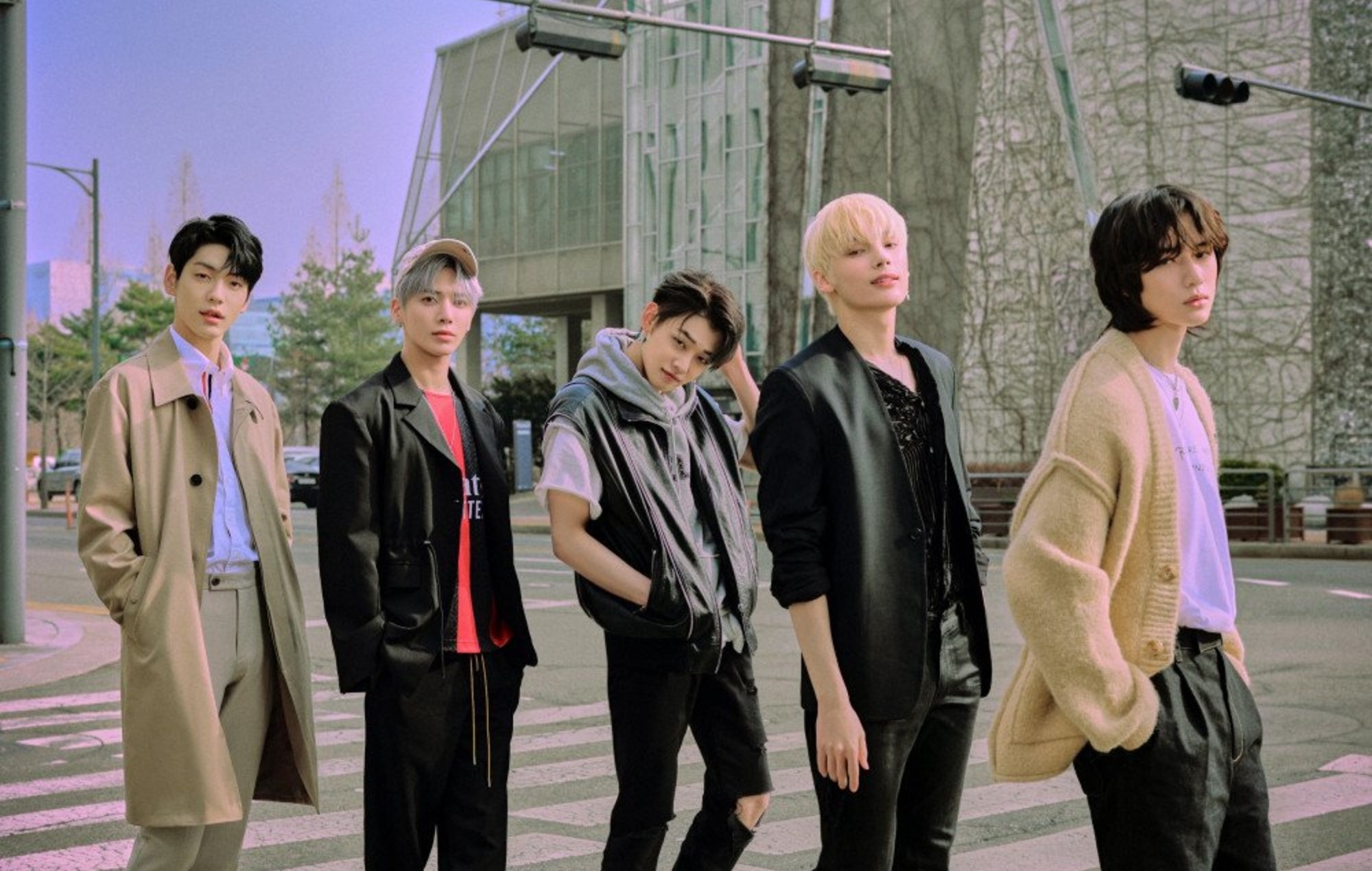 TXT boy group, Soobin and Yeonjun, Beomgyu, Taehyun and HueningKai, Urban crosswalk street photoshoot, HD Desktop wallpaper