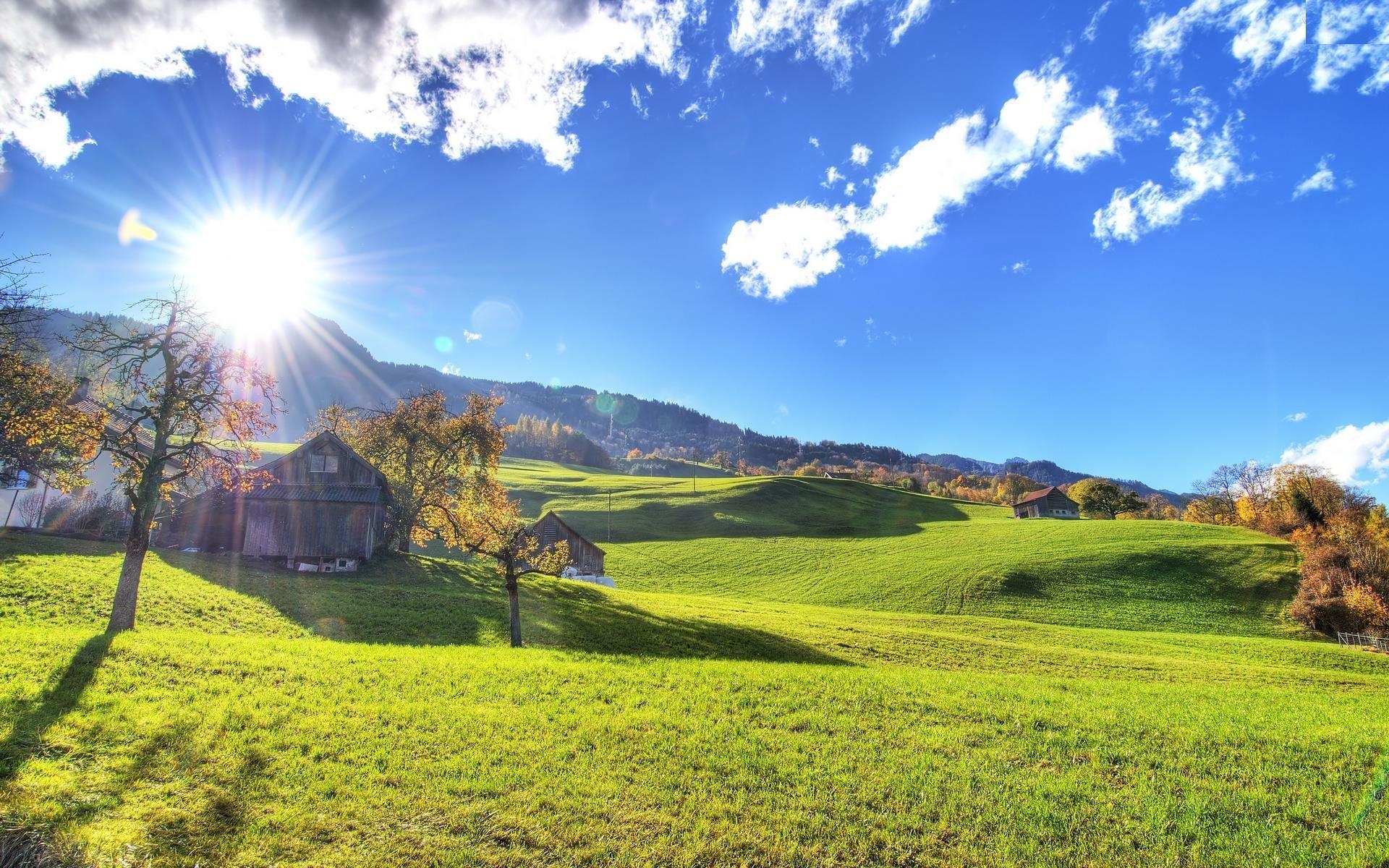 Sunburst in blue sky, Rolling green pasture hills, Alpine wooden barn, HD Desktop wallpaper