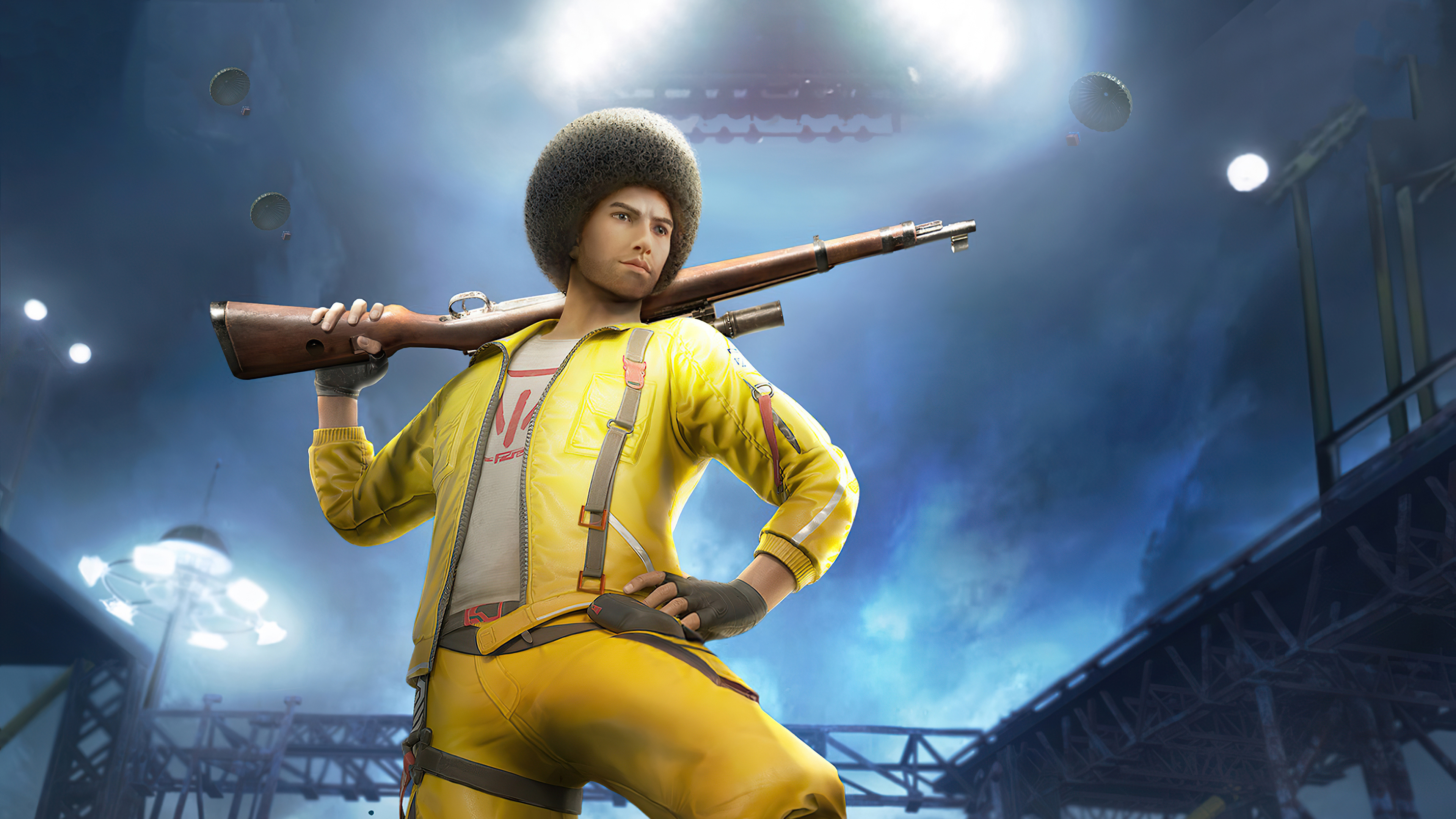 PUBG Mobile, Karabiner 98k rifle, yellow jumpsuit outfit, 4K Desktop wallpaper