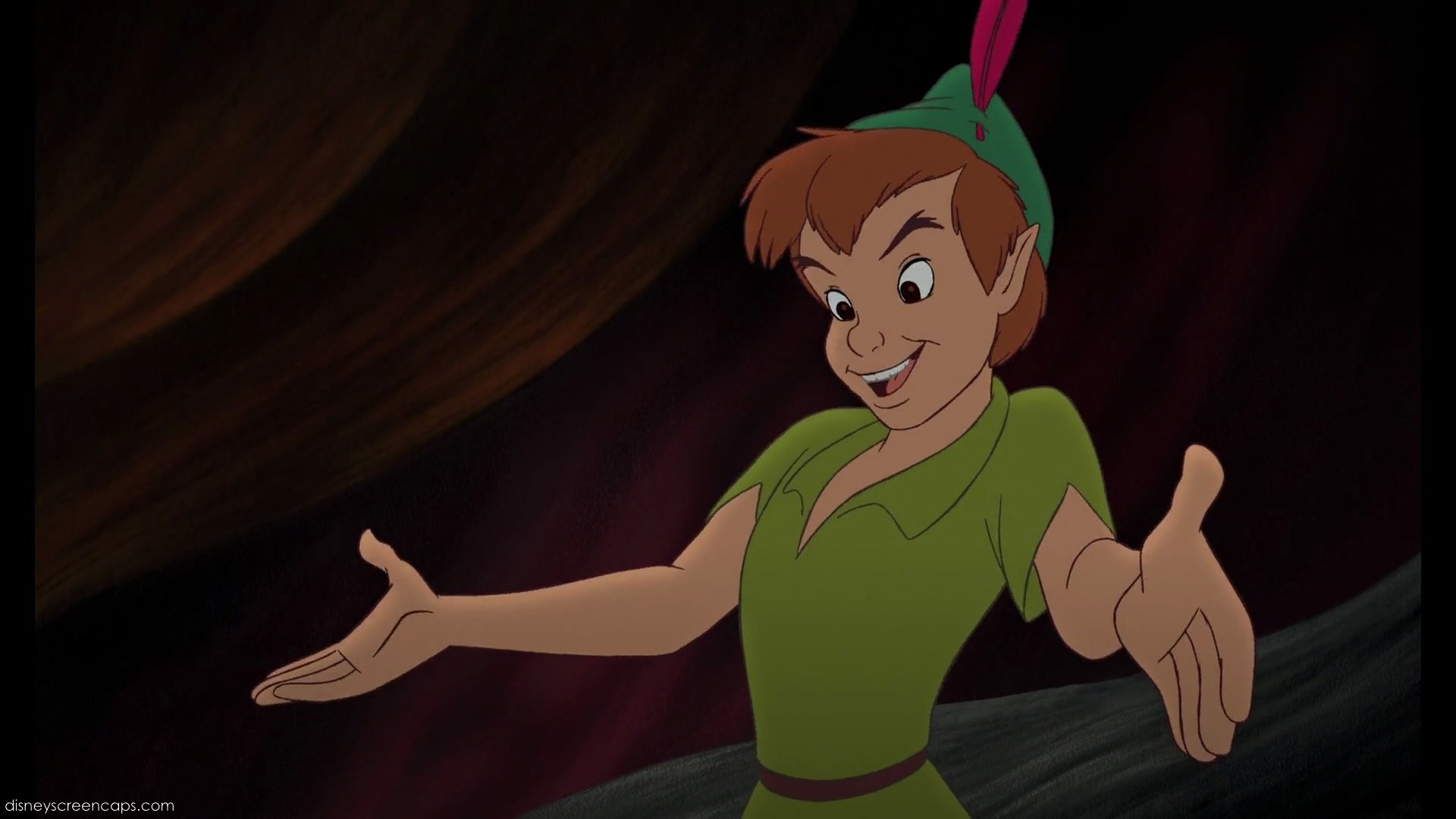 Peter Pan, Green feathered cap, Open arms gesture, Full HD Desktop wallpaper