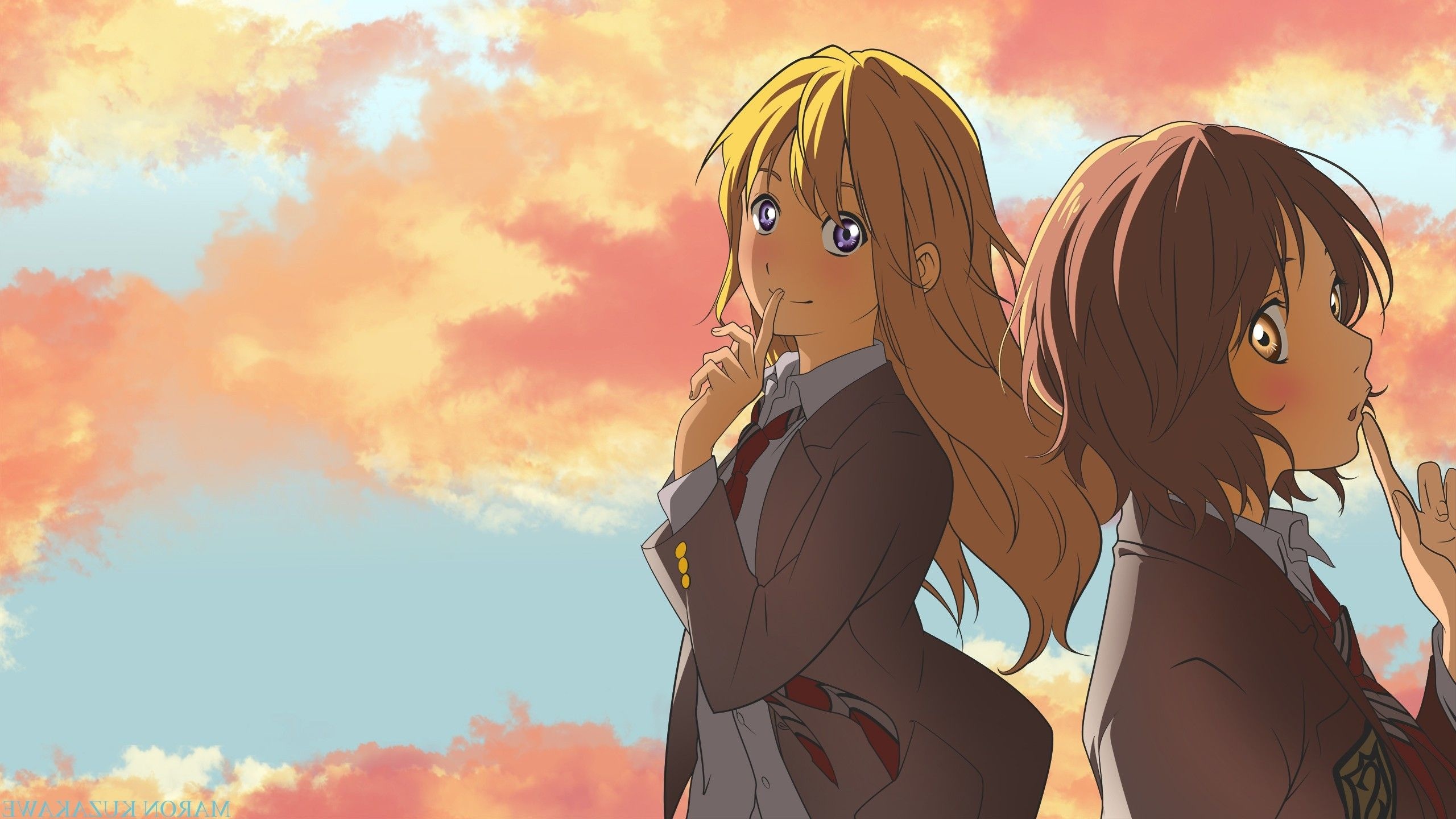 Kaori Miyazono, Tsubaki Sawabe, Sunset cloudscape, HD Desktop wallpaper
