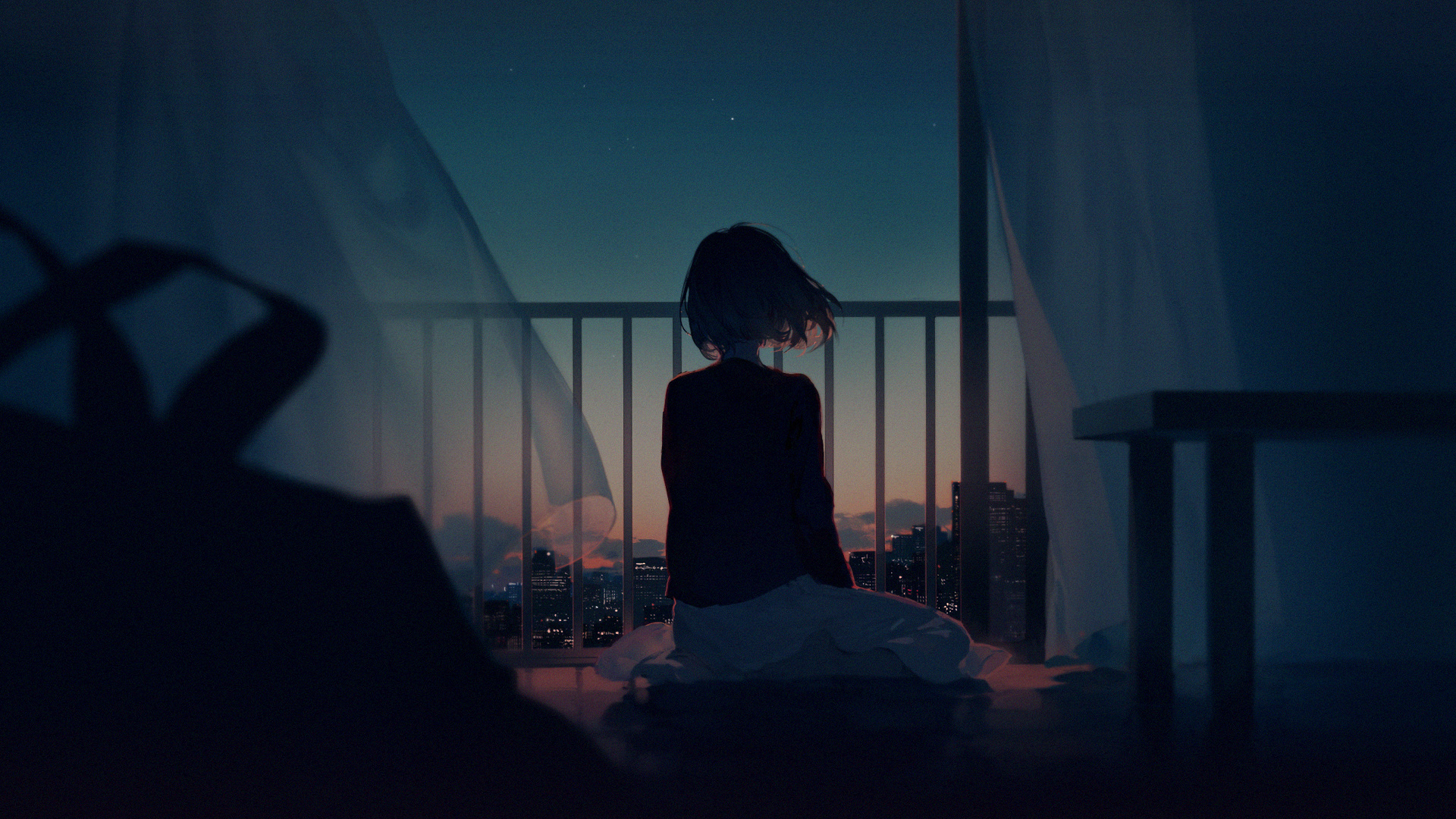 Lonely girl sitting indoors, Dusk city skyline view, Billowing balcony window curtains, Full HD Desktop wallpaper