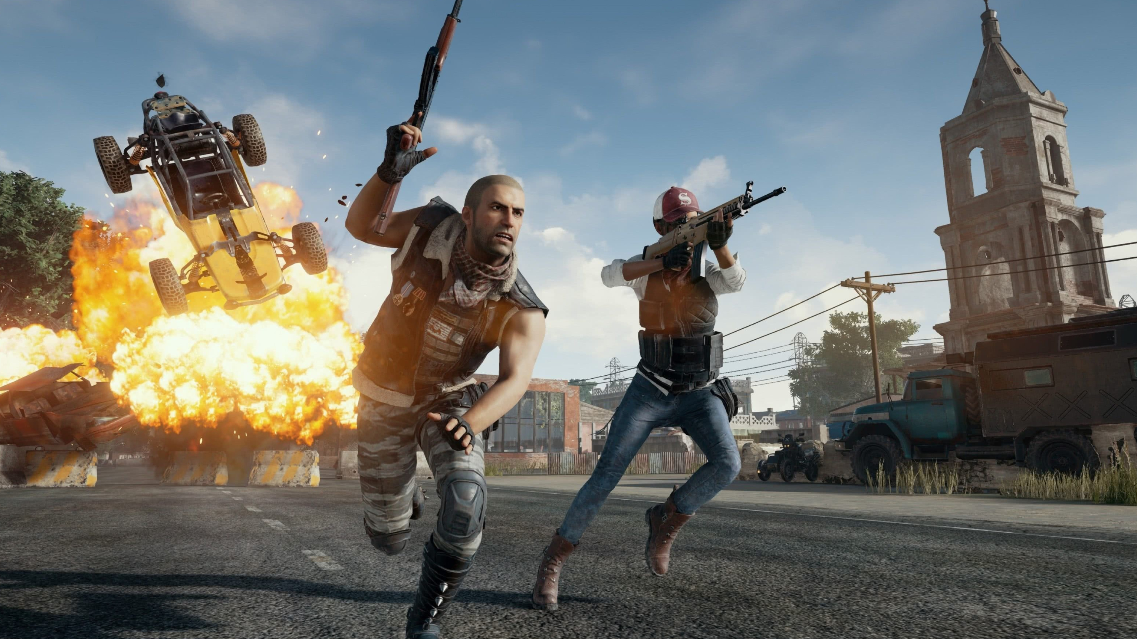 Armed PUBG survivors, Exploding PUBG buggy, Erangel church tower, 4K Desktop wallpaper