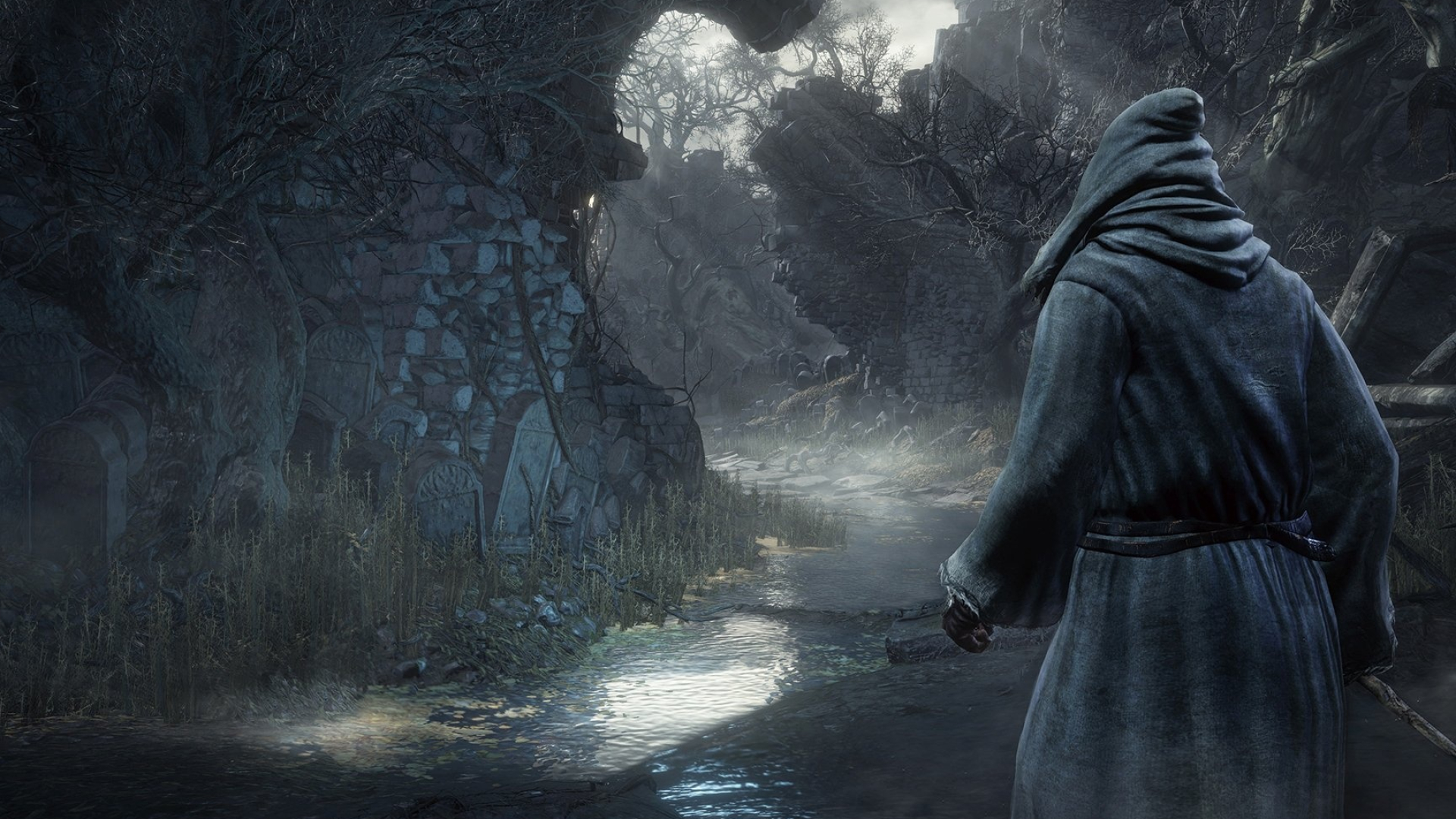 Dark Souls III sorcerer, Cemetery of Ash, overgrown stone ruins, Full HD Desktop wallpaper