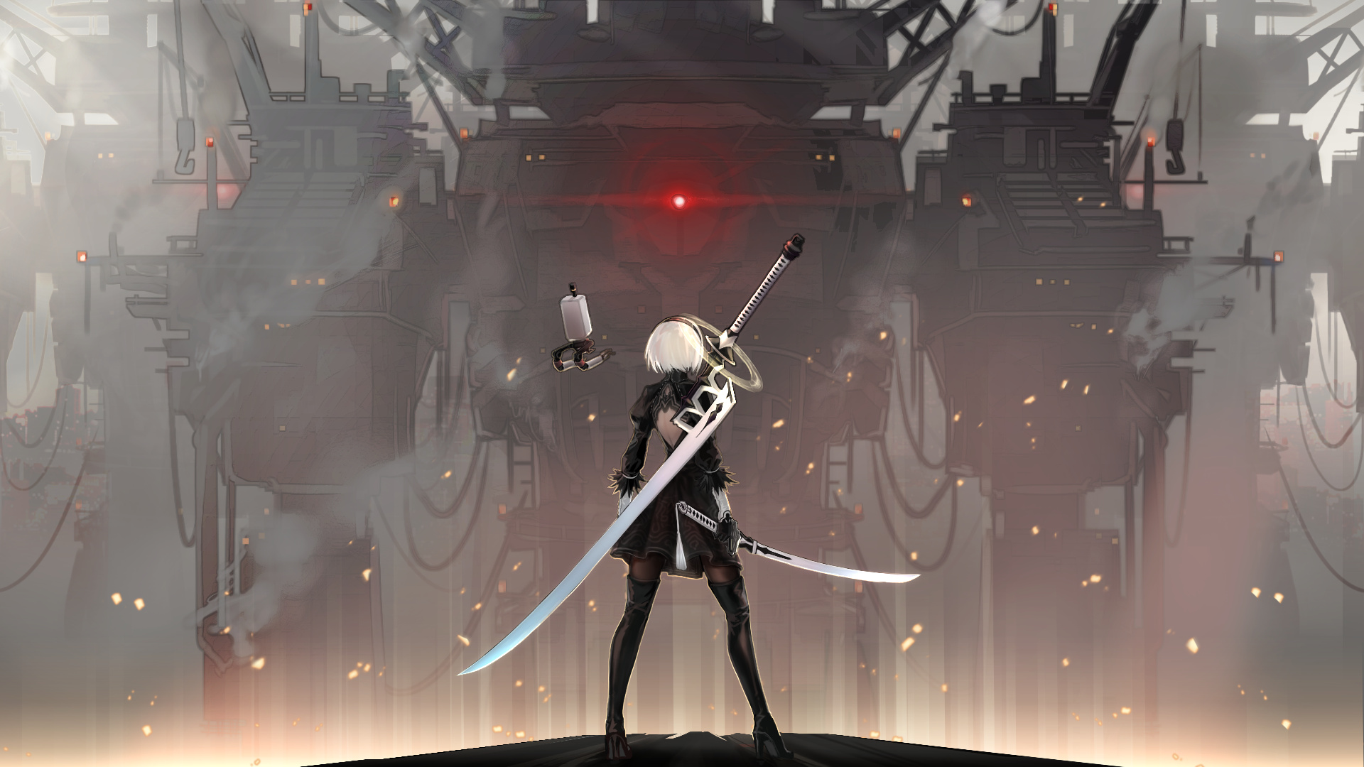 YoRHa No.2 Type B, Pod 042 tactical unit, Engels Goliath machine lifeform, Full HD Desktop wallpaper