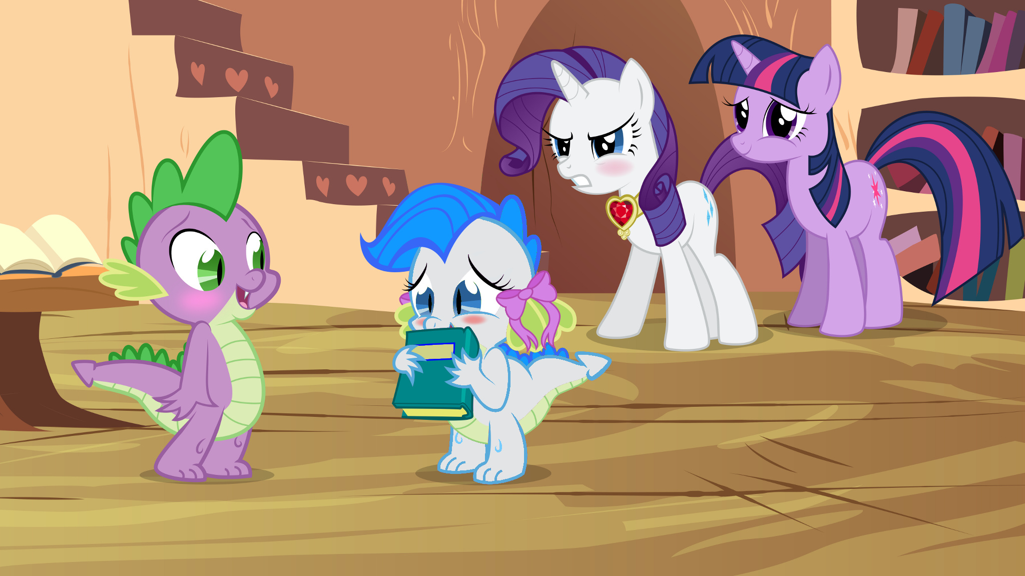 Spike the Dragon, Rarity, Twilight Sparkle, Golden Oak Library, HD Desktop wallpaper
