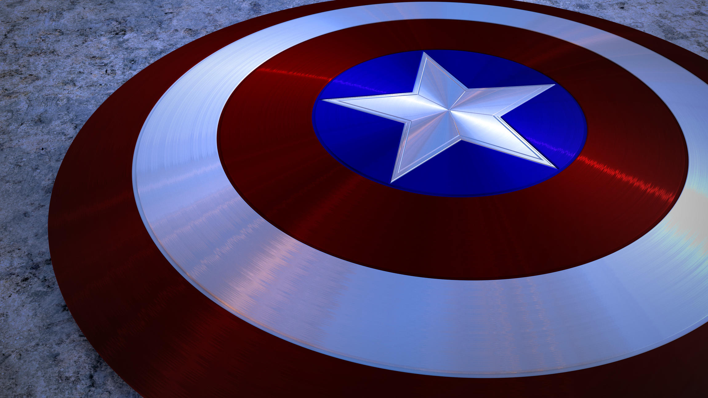 Captain America's shield, brushed metal star emblem, textured concrete ground, HD Desktop wallpaper