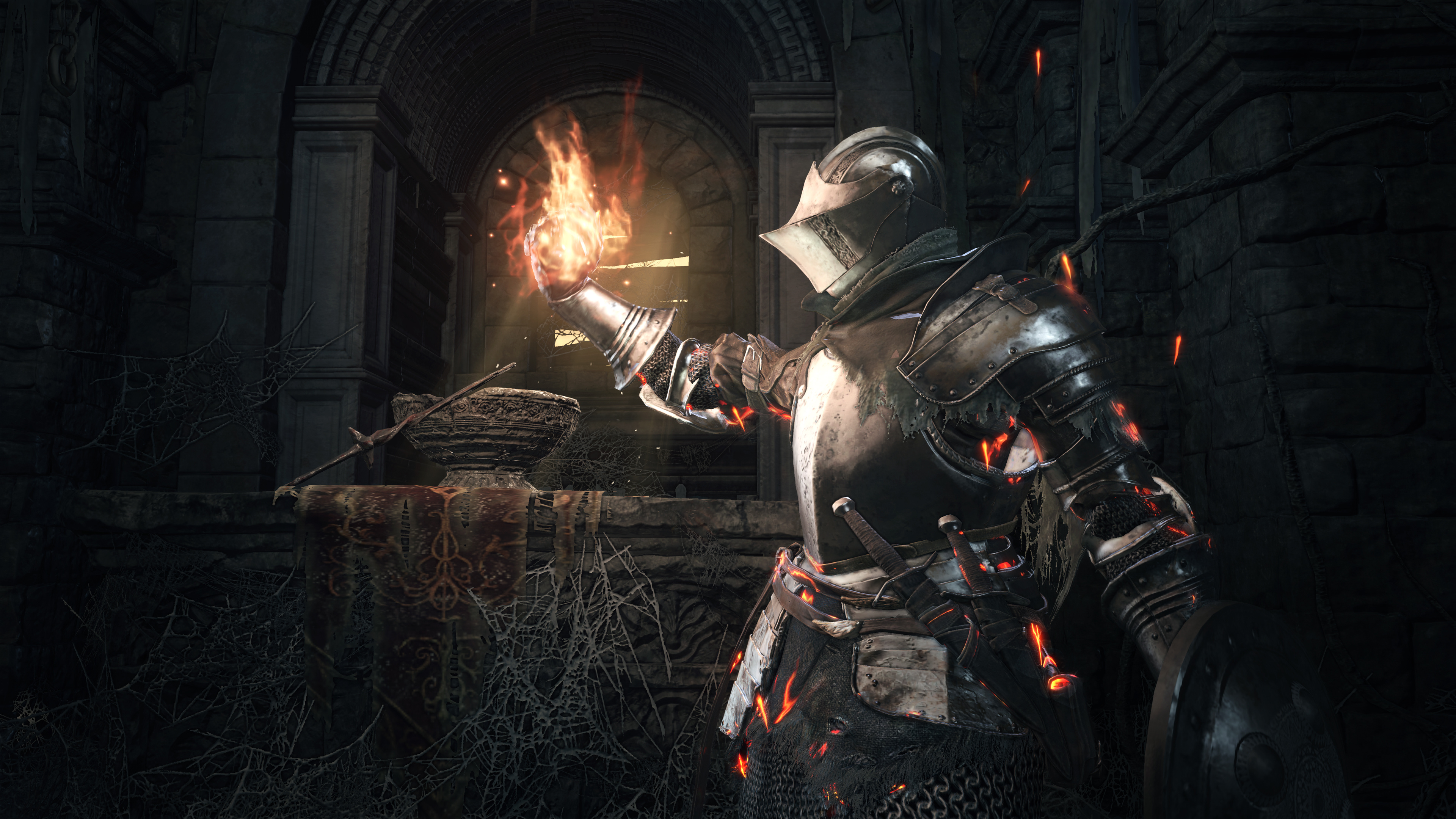 Ashen One, Knight Set armor, Pyromancy flame, 4K Desktop wallpaper