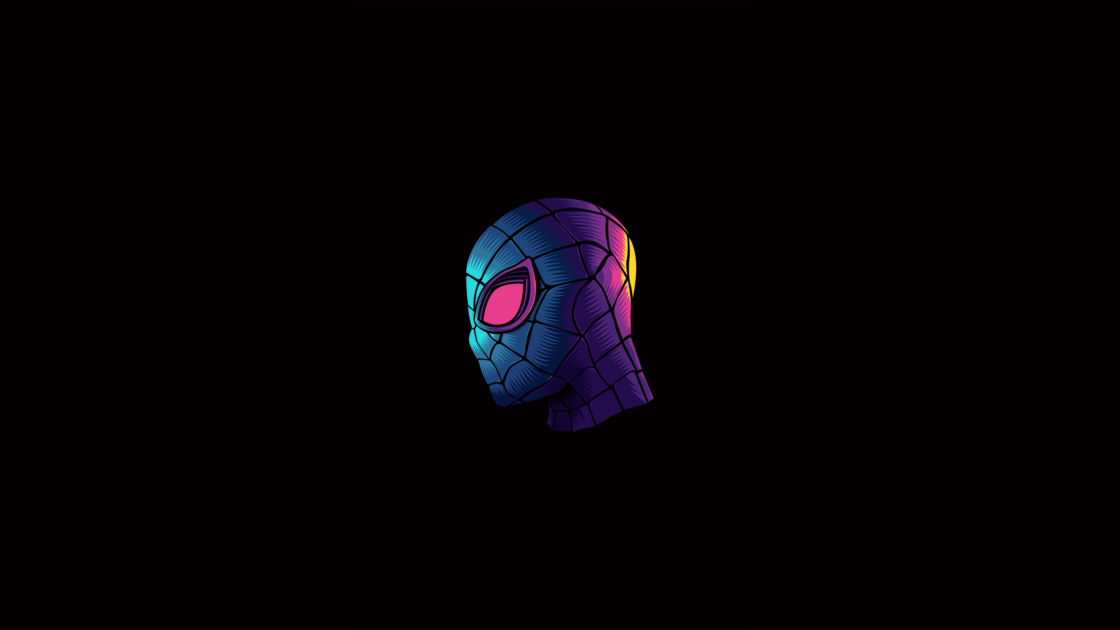 Spider-Man mask, neon gradient illustration, solid black background, 4K Desktop wallpaper