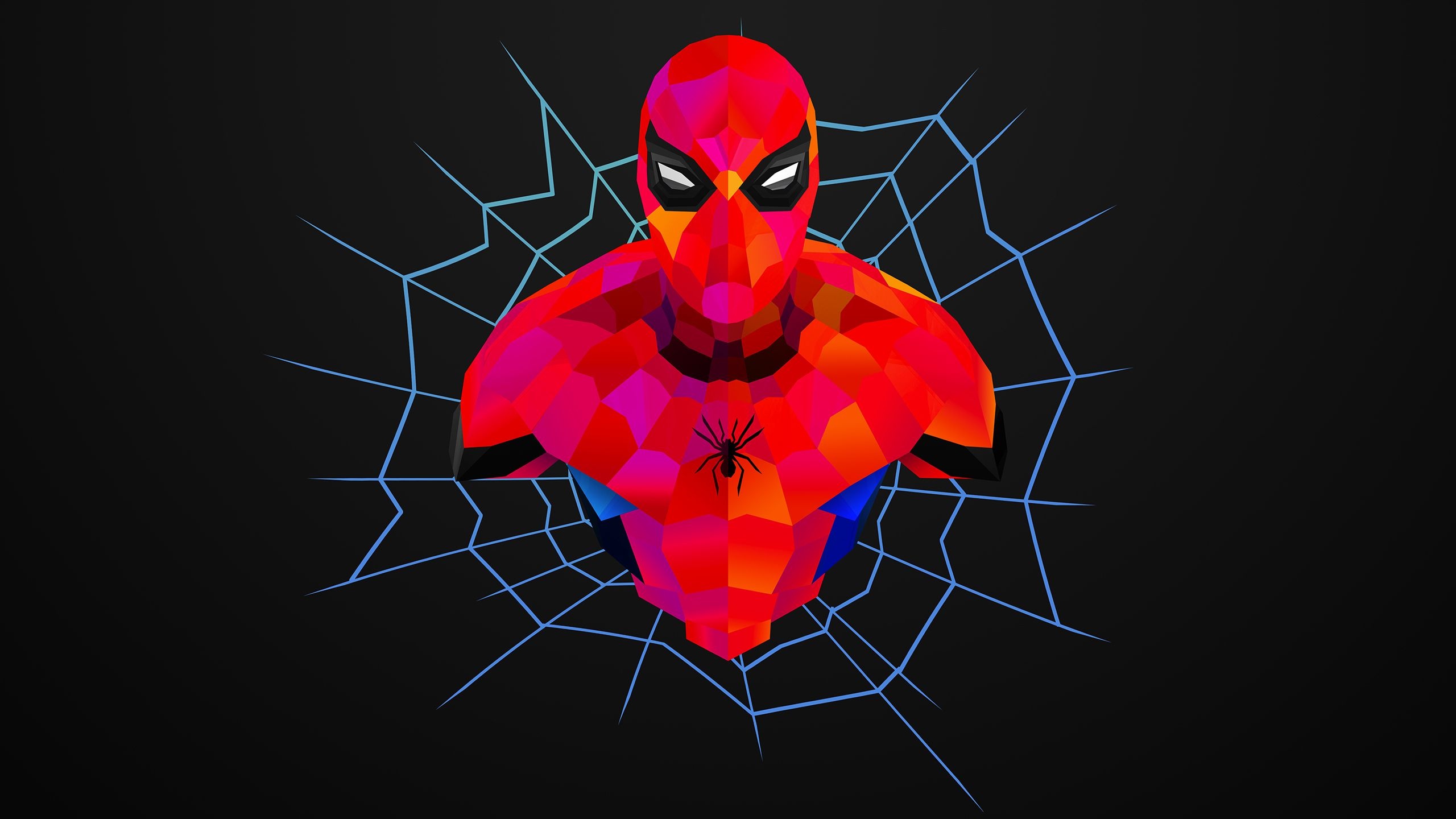 low-poly Spider-Man, blue spiderweb, black spider emblem, HD Desktop wallpaper