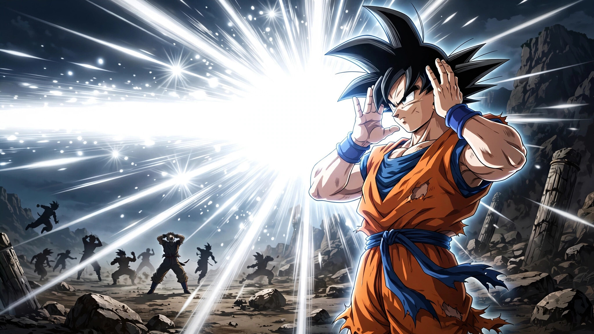 Goku, Solar Flare, Hands beside face, Blinding white burst, Recoiling silhouettes, Dragon Ball Z, HD Desktop wallpaper