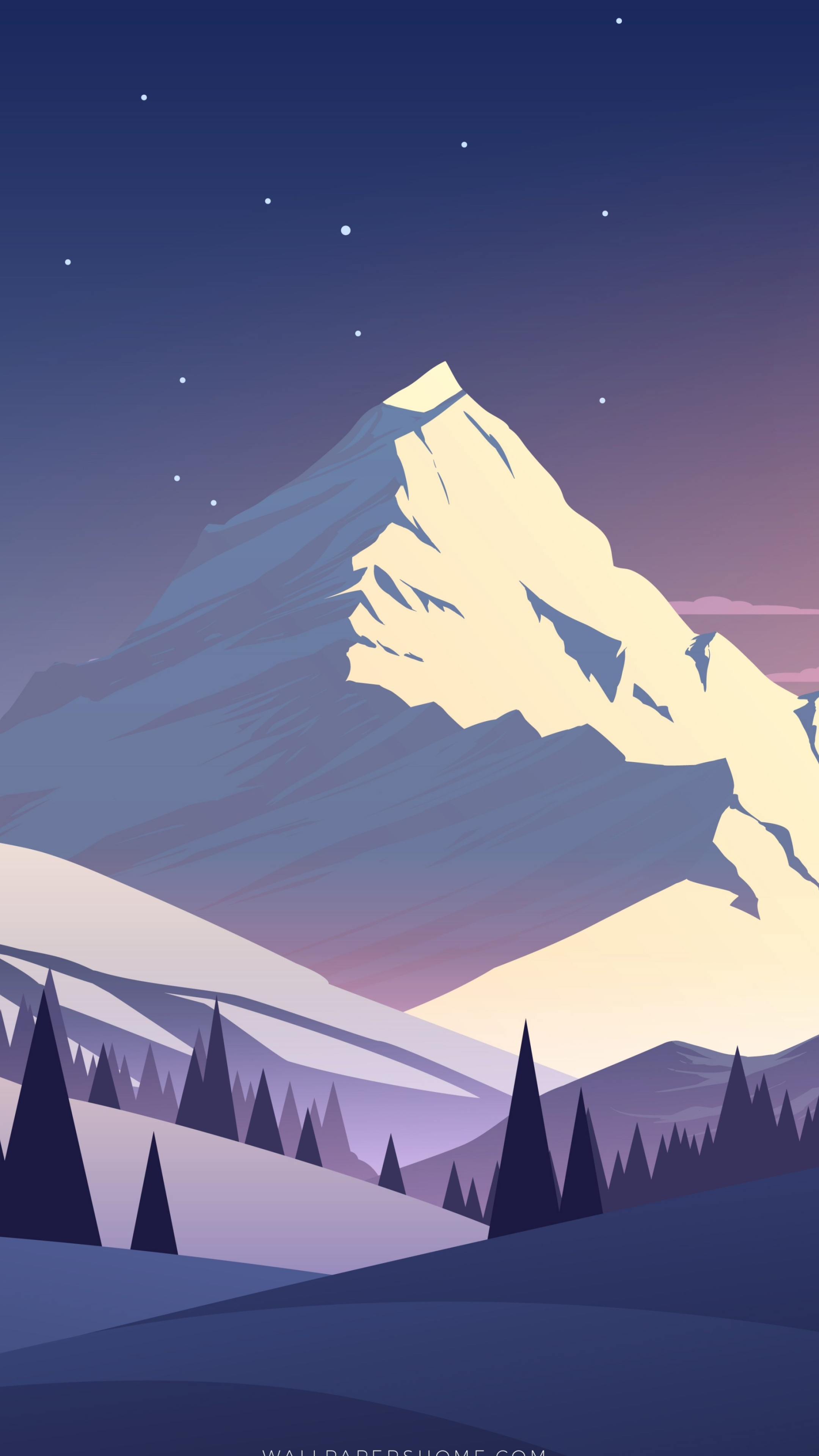 snowcapped mountain peak, pine tree silhouettes, starry twilight sky, 4K Phone wallpaper