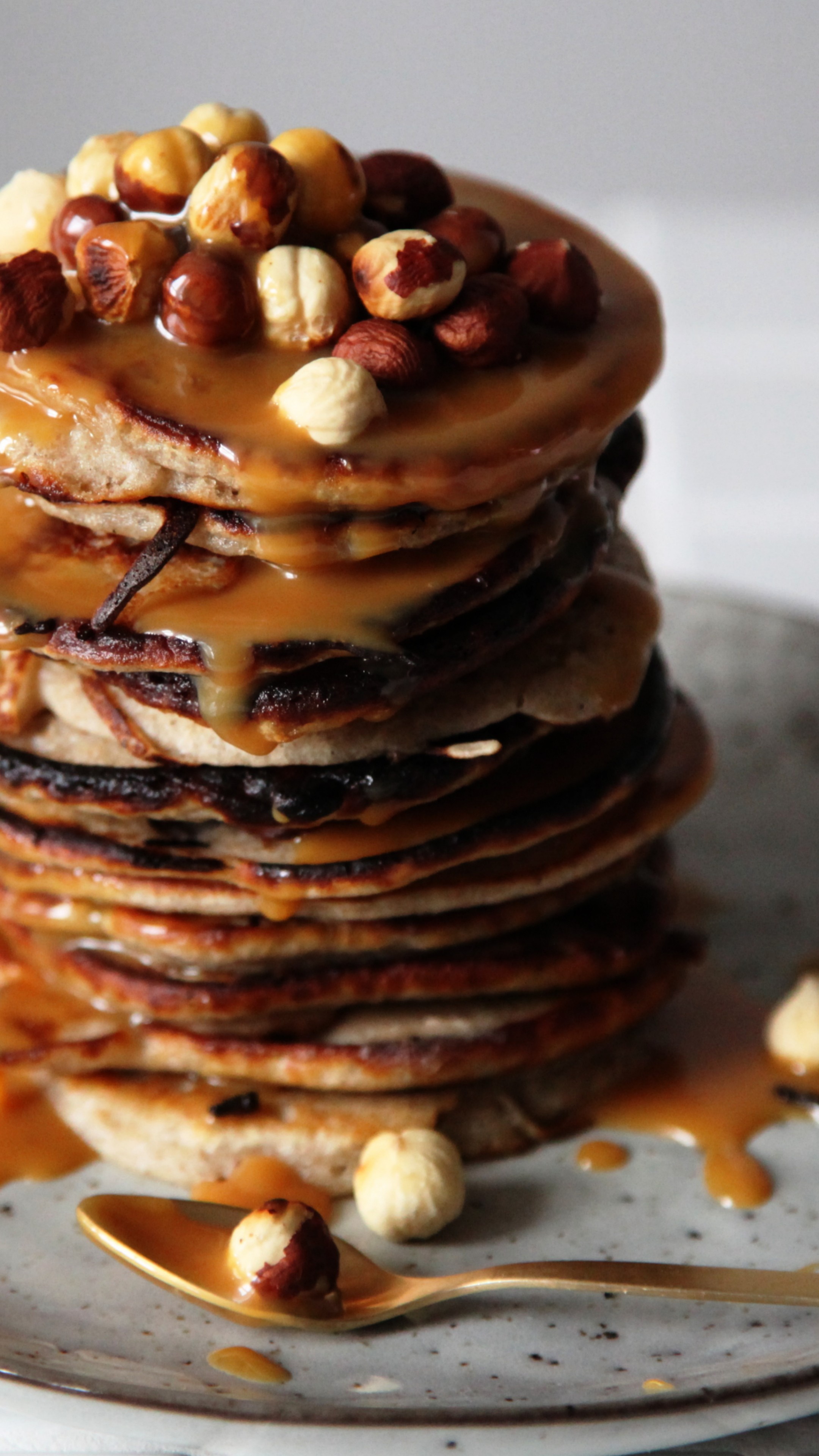 Buckwheat pancakes, Milk and syrup, Hazelnut topping, Delicious breakfast, 2160x3840 4K Phone