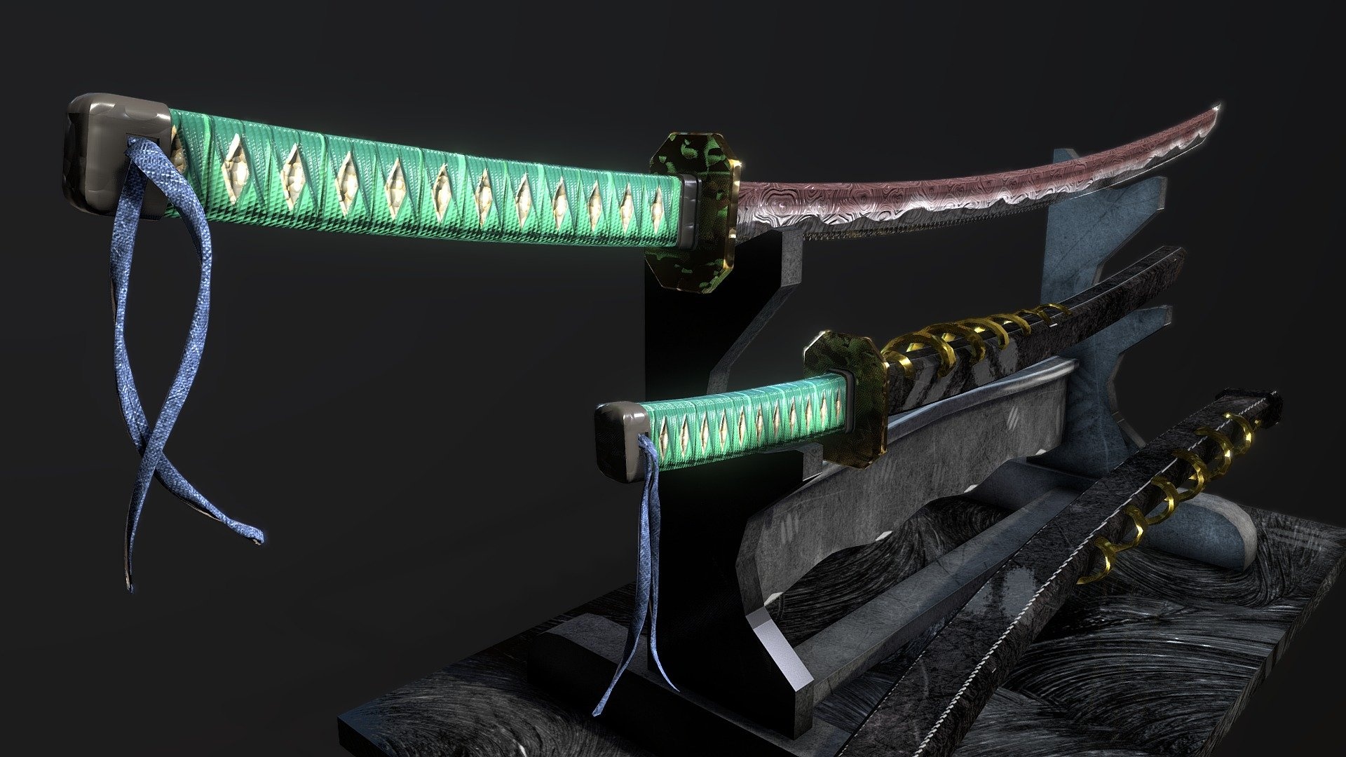 Damascus steel katana, Green tsuka handle wrap, Wooden sword stand, Full HD Desktop wallpaper
