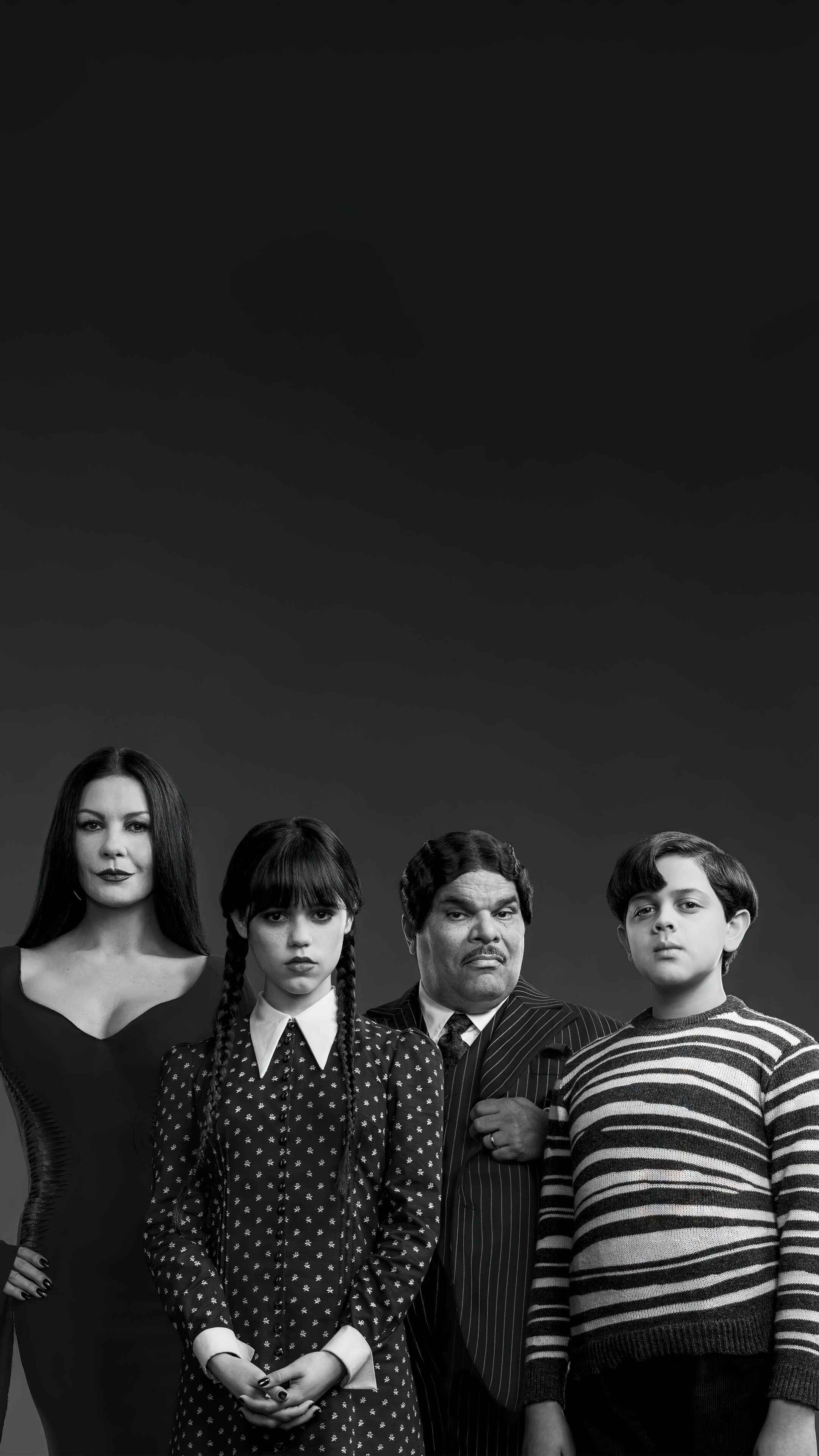 Wednesday Addams, Morticia Addams, Gomez Addams, Pugsley Addams, The Addams Family, 4K Phone wallpaper