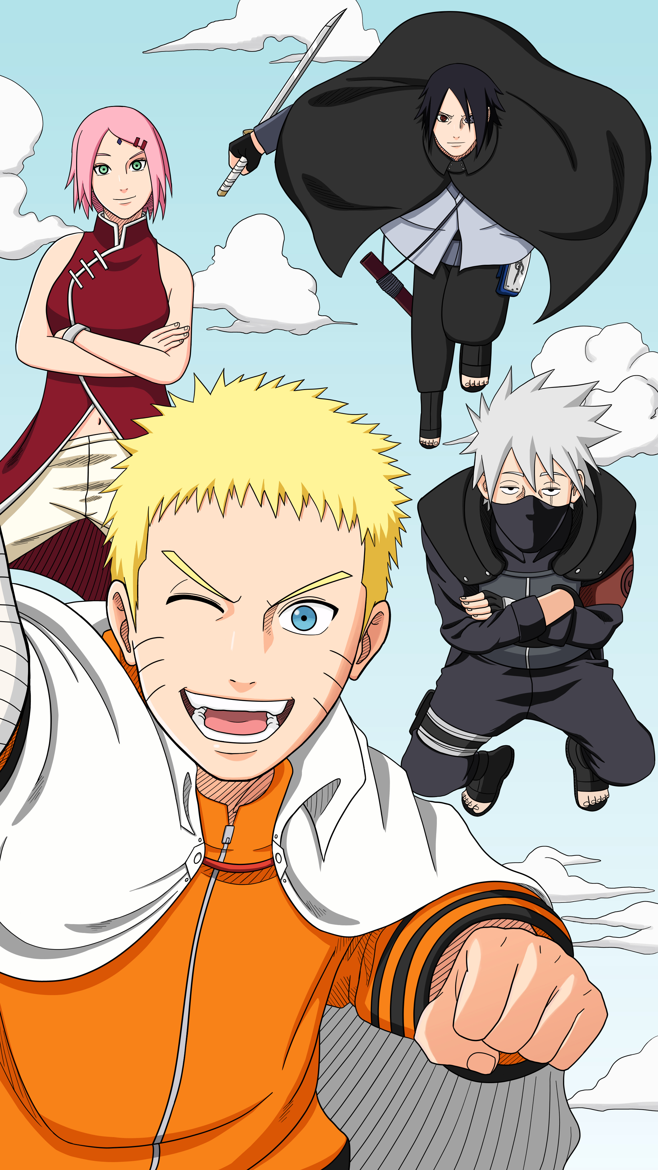 Naruto Uzumaki, Sasuke Uchiha, Kakashi Hatake, Sakura Uchiha, Team 7, 4K Phone wallpaper
