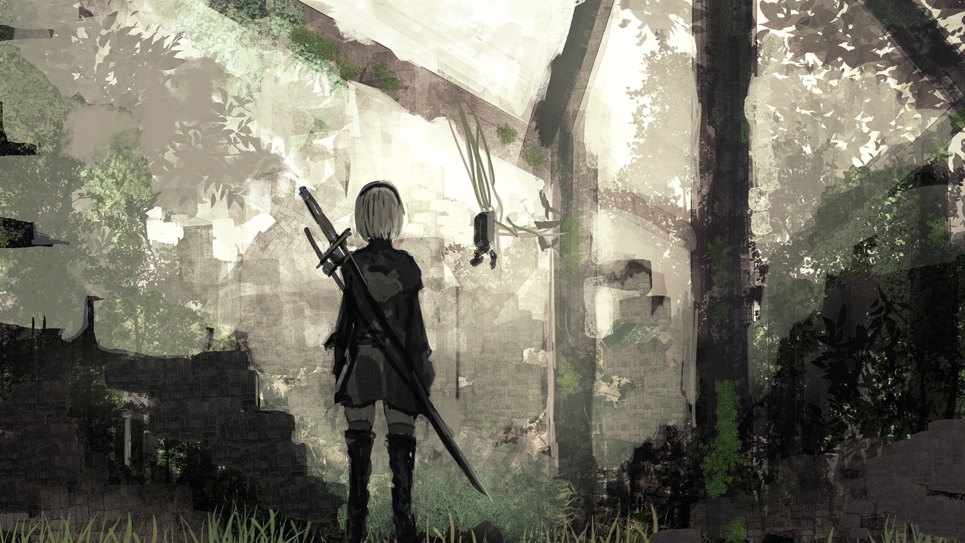 YoRHa No. 2 Type B, Pod 042 support unit, Overgrown City Ruins, Full HD Desktop wallpaper